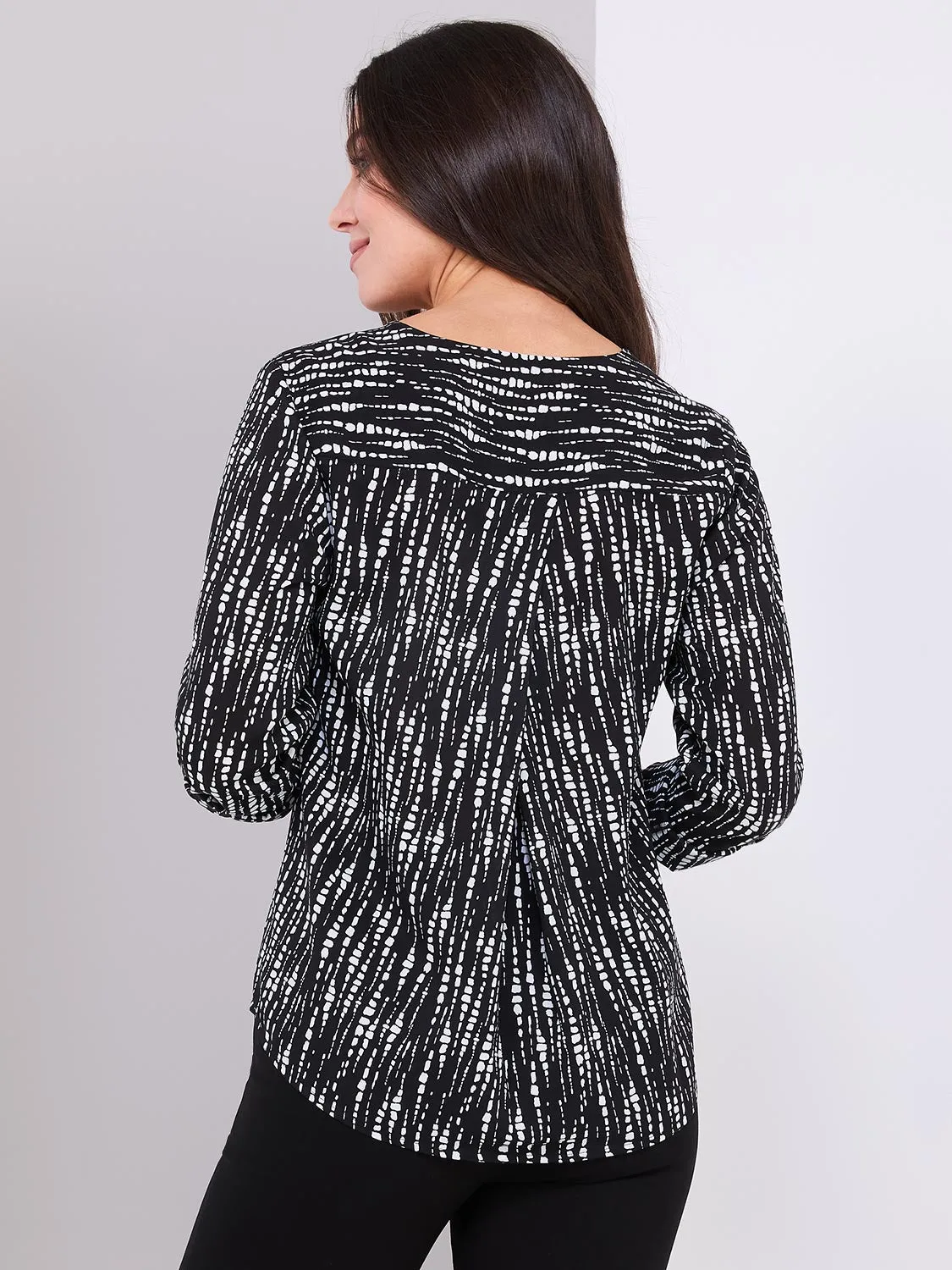 Abstract Print V-Neck Long Sleeve Popover Blouse