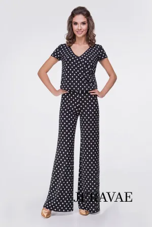 Adorable Polka Dot One Piece Ballroom or Latin Jumpsuit in Black and White with Short Sleeves and V-Neck PRA 554