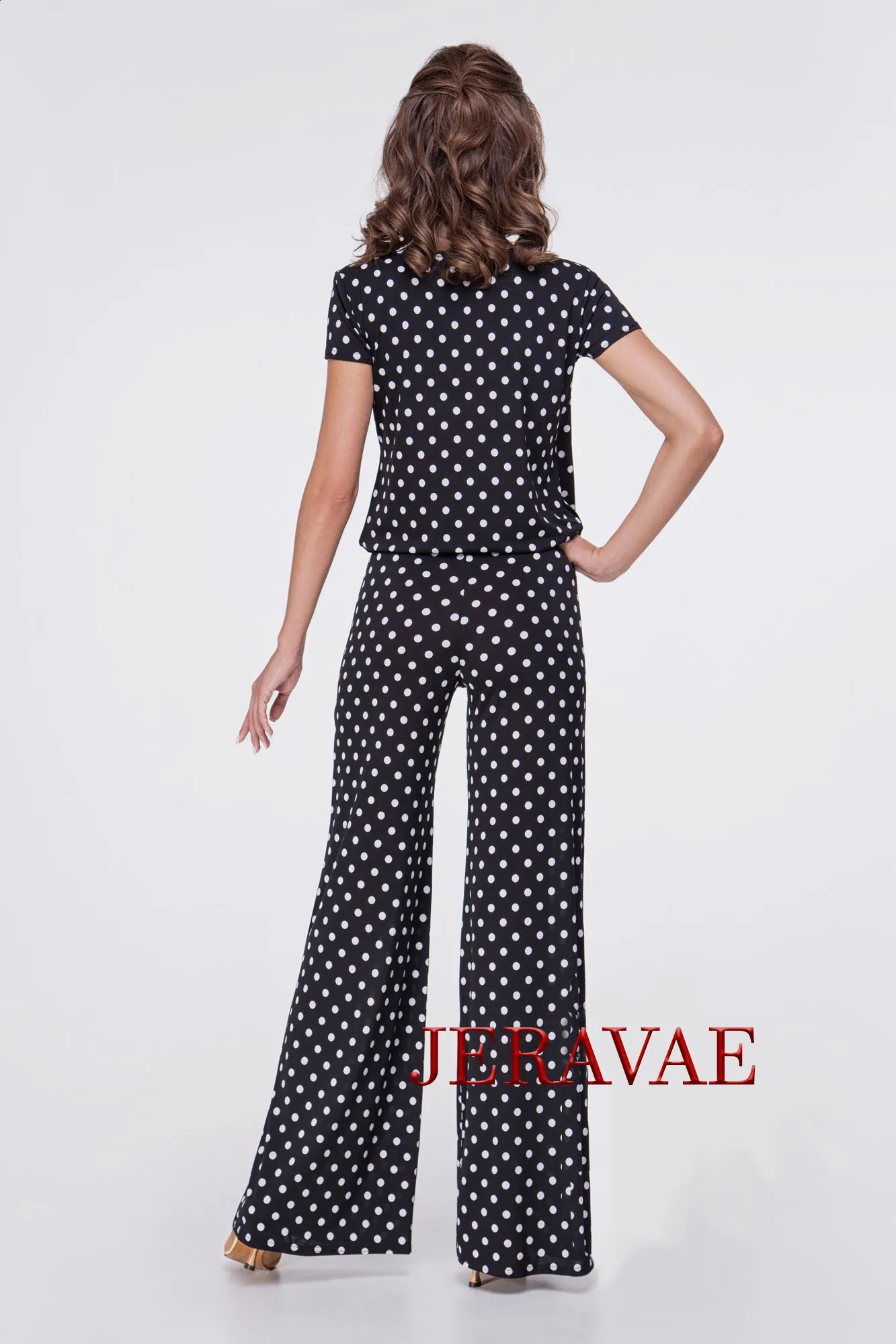 Adorable Polka Dot One Piece Ballroom or Latin Jumpsuit in Black and White with Short Sleeves and V-Neck PRA 554