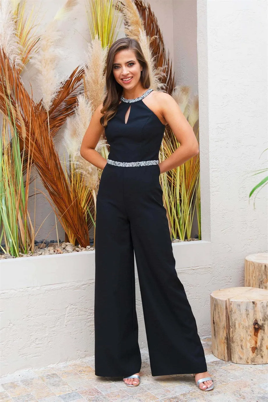 Angelino black collar waist stone jumpsuit