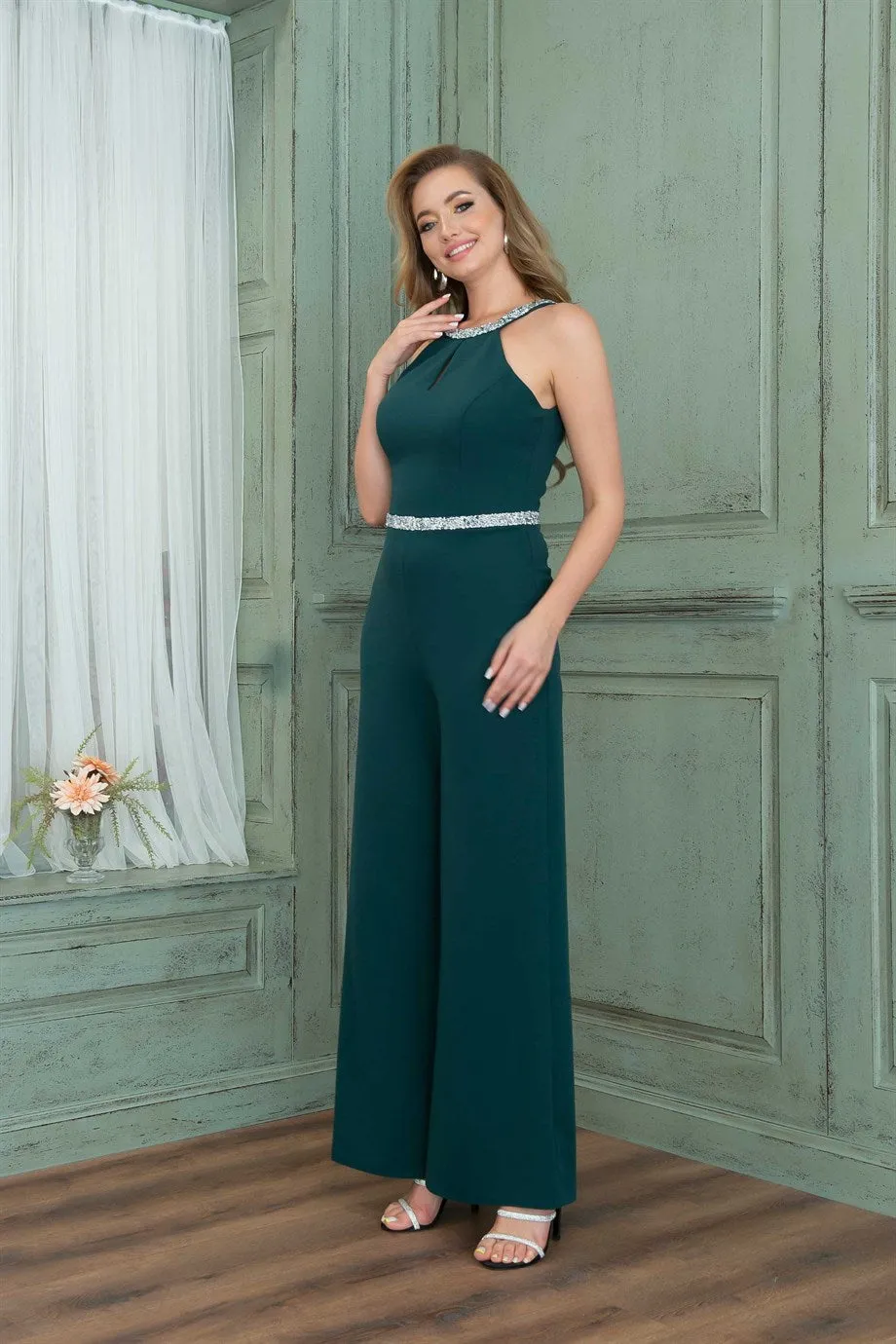 Angelino emerald collar waist stone jumpsuit