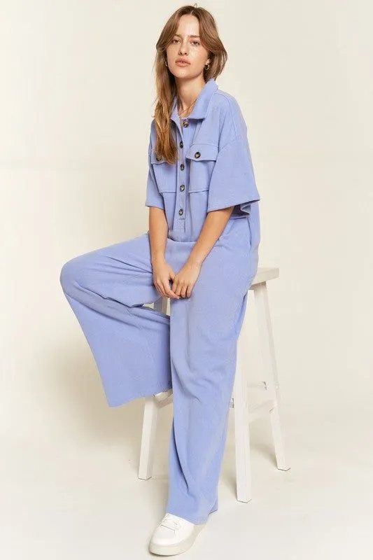 Basic Collar Shirt Wide leg Jumpsuit