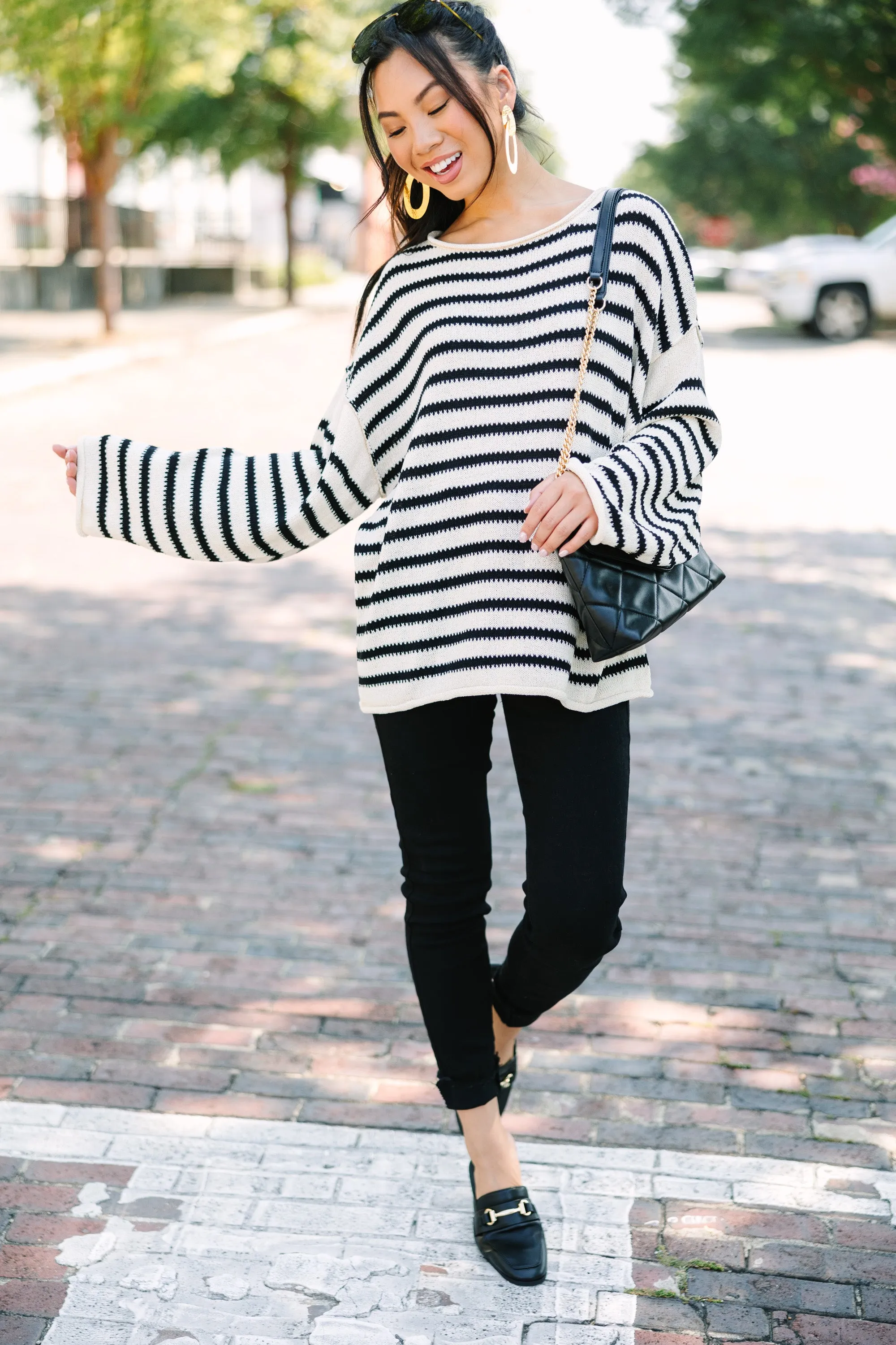 Be Happy Ivory White Striped Sweater