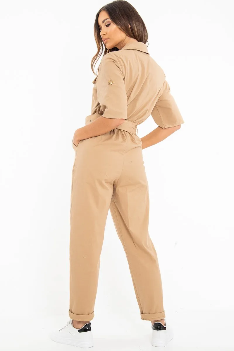 Beige Front Button Belted Boiler Jumpsuit - Nyrah