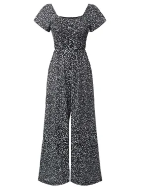 Black 1930s Square Neck Floral Jumpsuit