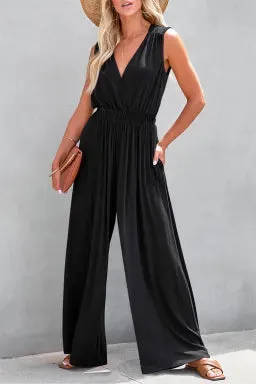 BLACK DEEP V WIDE LEG KNIT ELASTIC WAIST JUMPSUIT