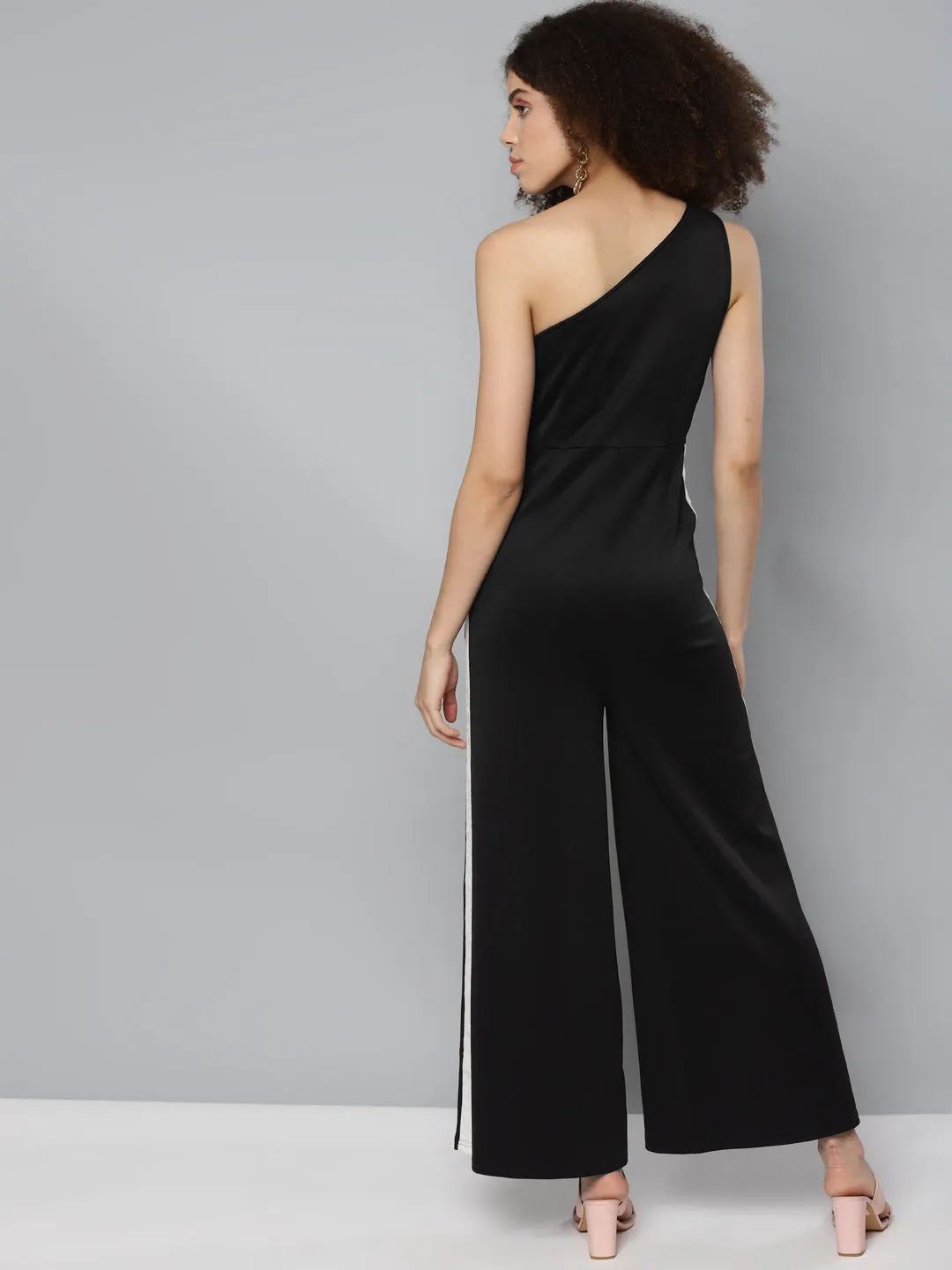 Black Scuba Tape Detail One Shoulder Jumpsuit