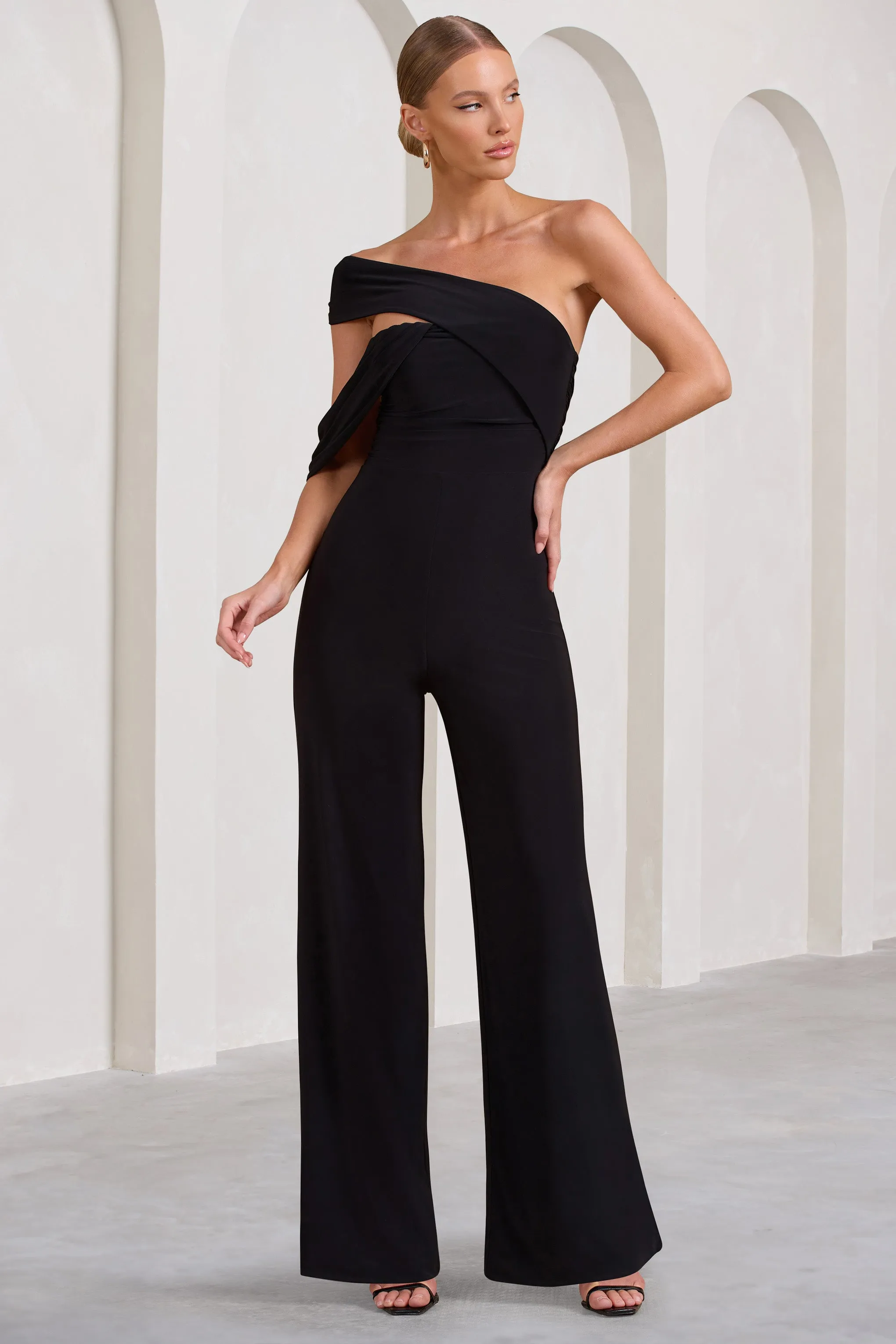 Candy | Black Asymmetric One Shoulder Ruched Jumpsuit