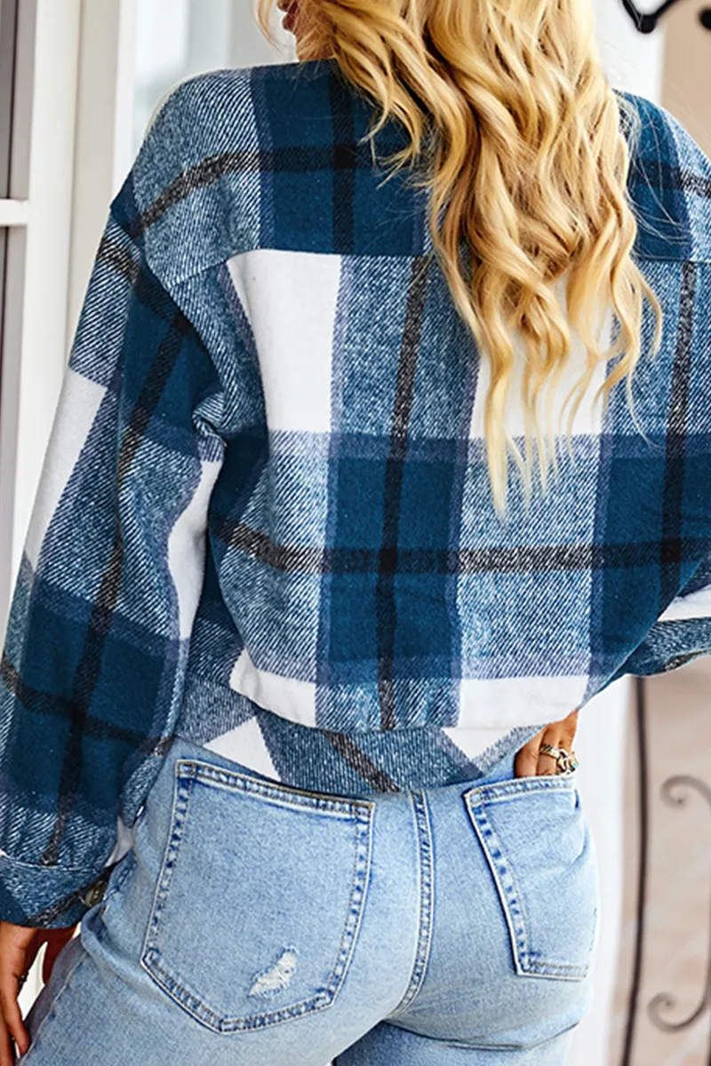 Stylish Casual Plaid Patchwork Tops with Turndown Collar in 4 Distinct Colors