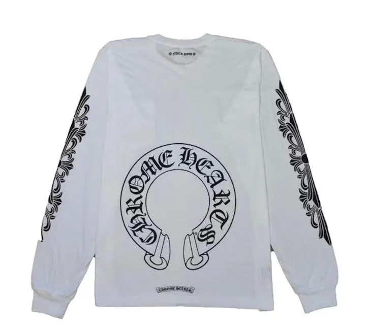 White Long-Sleeve Chrome Hearts Horse Shoe Design T-shirt