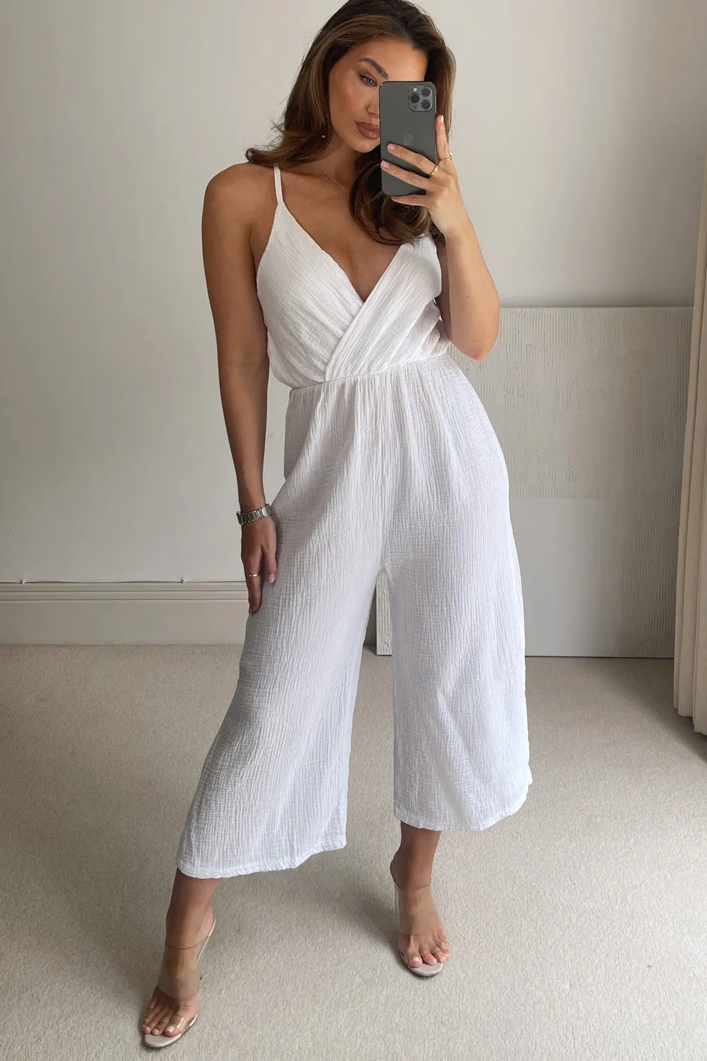 Clara White Wrap Over Culotte Jumpsuit