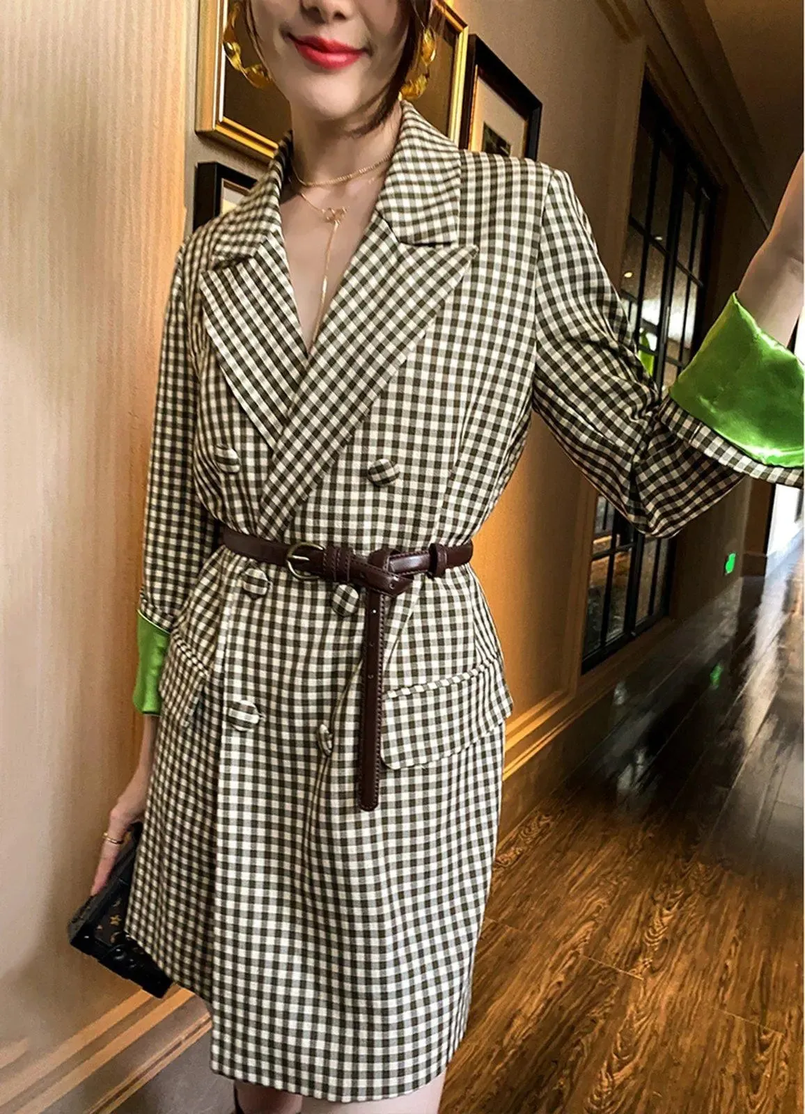 Classic Plaid Long Sleeve Double Breasted Belted Blazer Dress