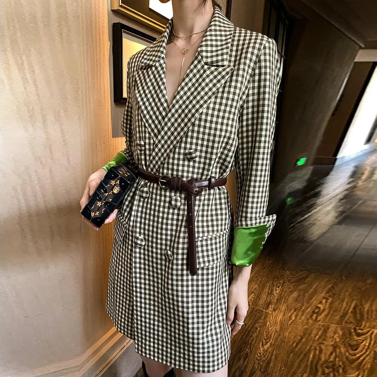 Classic Plaid Long Sleeve Double Breasted Belted Blazer Dress