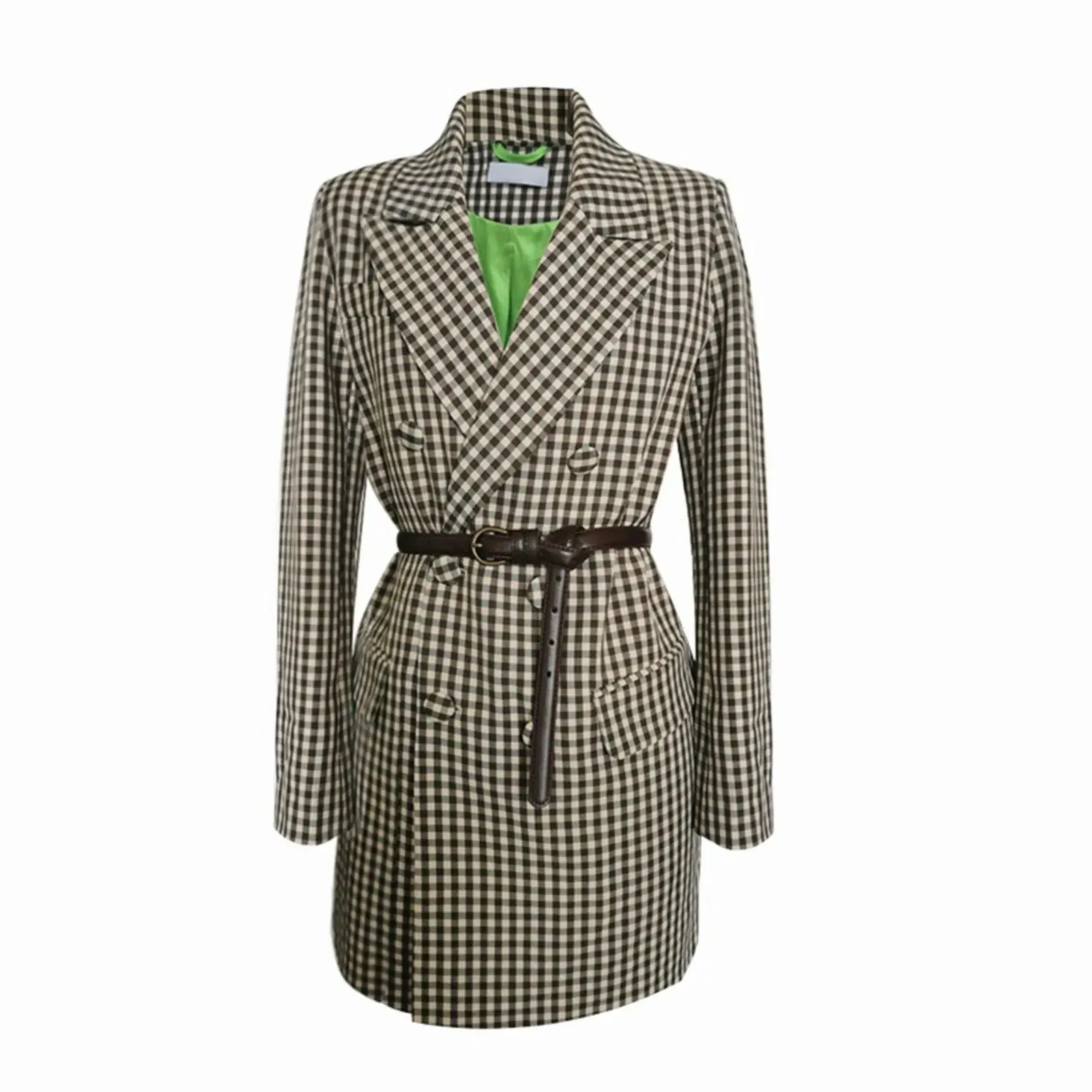 Classic Plaid Long Sleeve Double Breasted Belted Blazer Dress