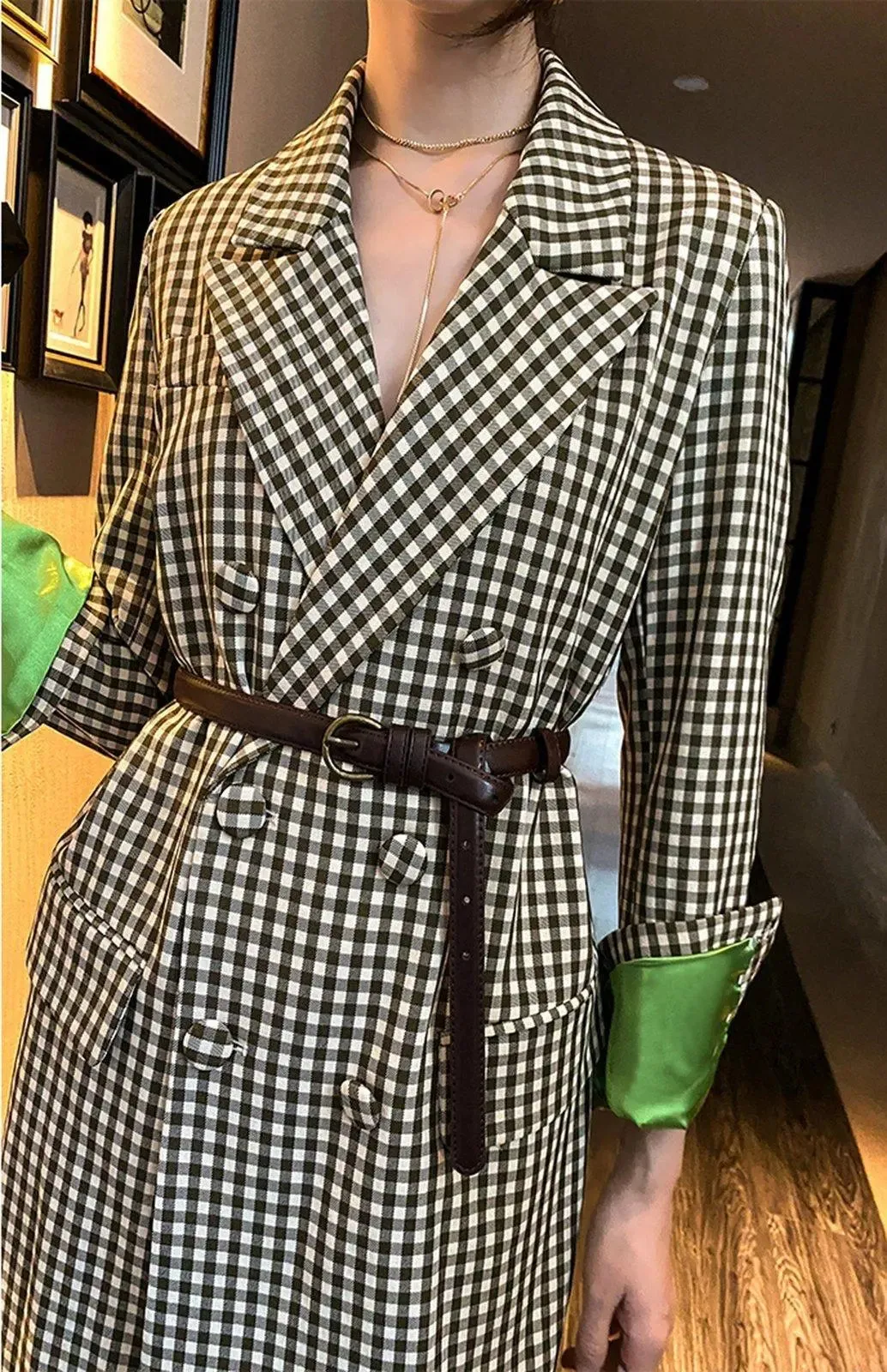 Classic Plaid Long Sleeve Double Breasted Belted Blazer Dress