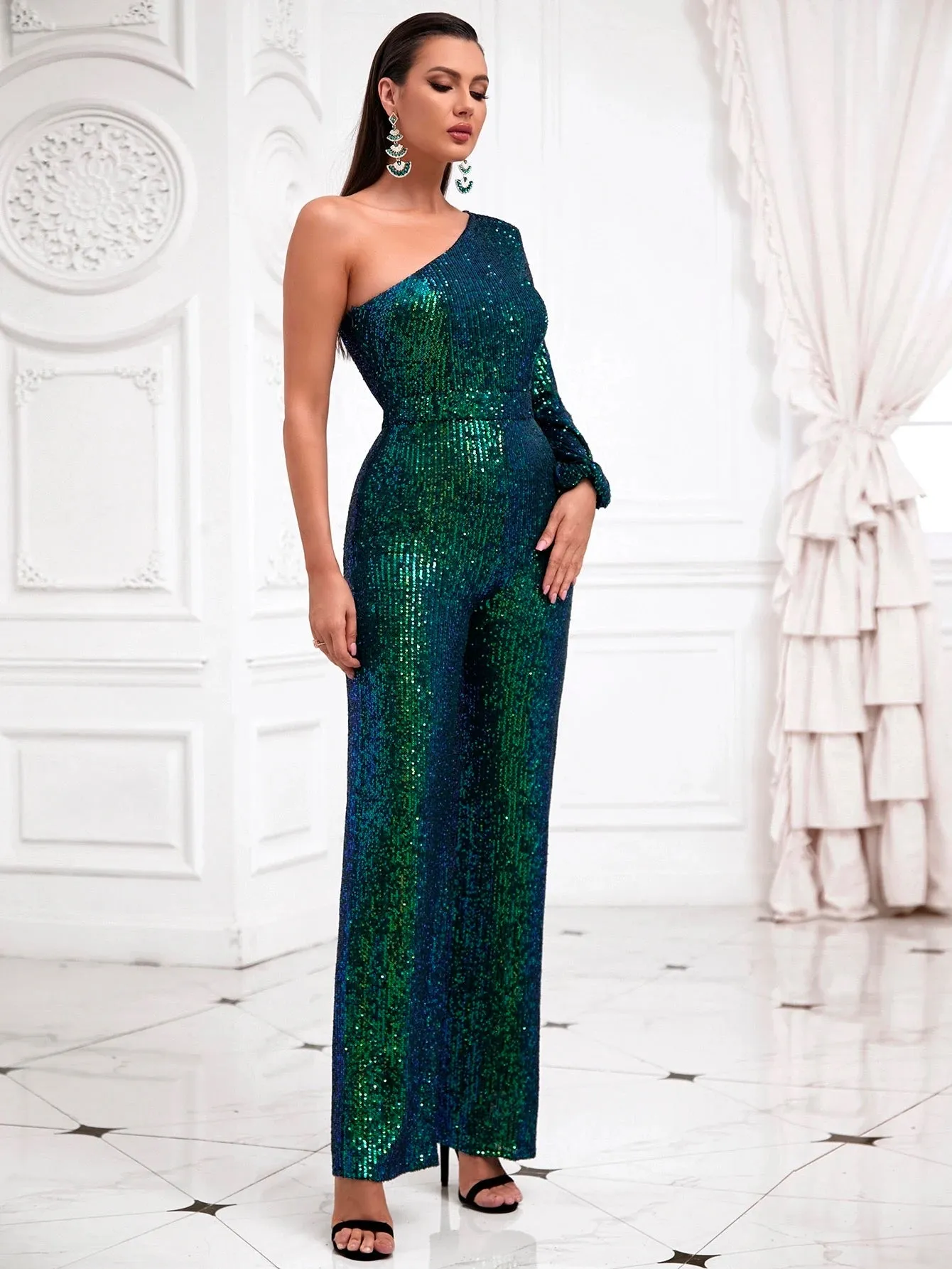 Diagonal Collar One Shoulder Long Sleeve Sequin Evening Party Maxi Jumpsuit - Green