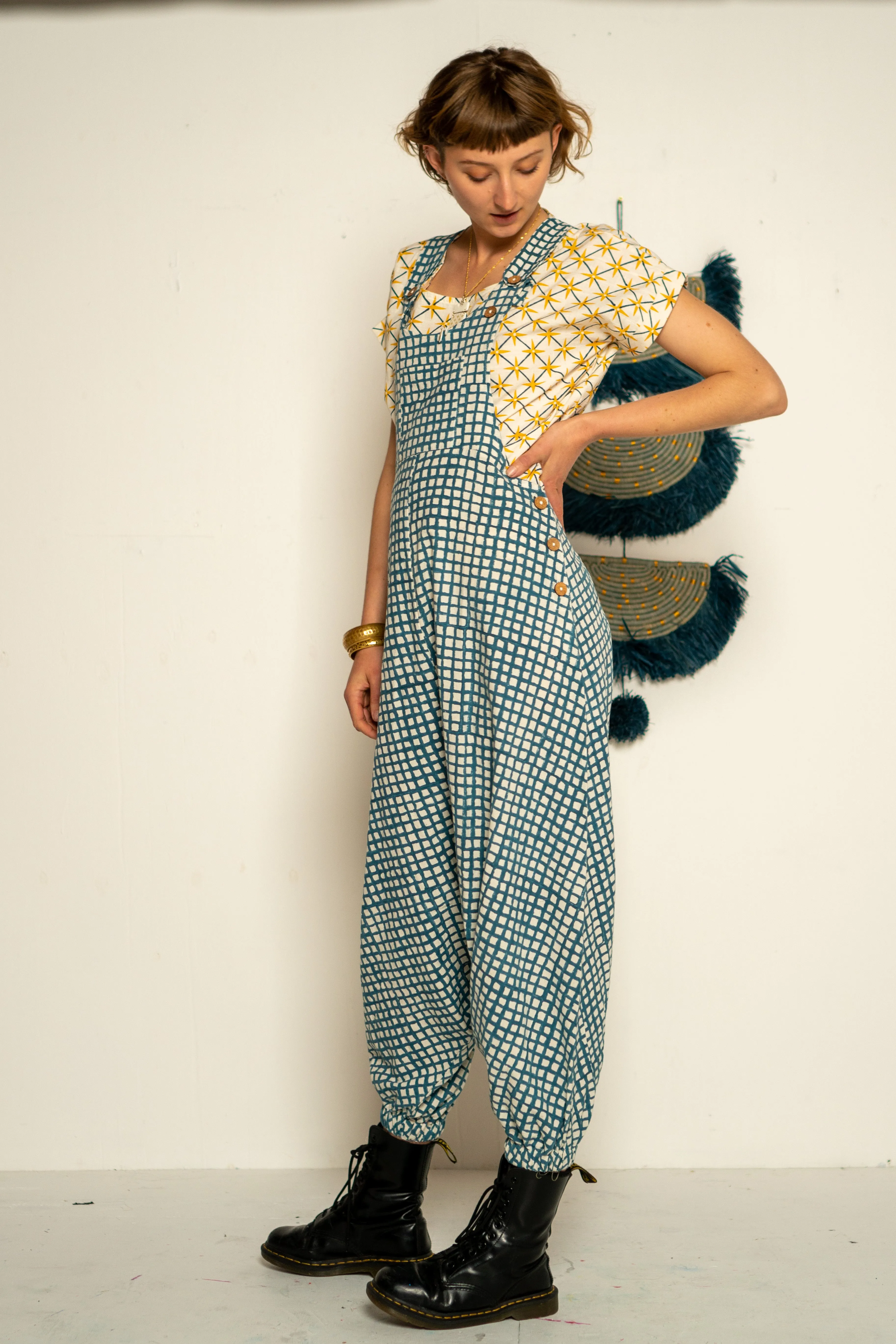 Drop Crotch Overalls - Teal Waffle Print