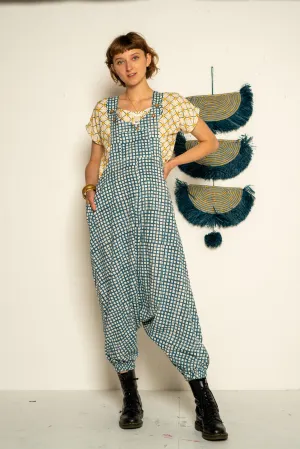 Drop Crotch Overalls - Teal Waffle Print