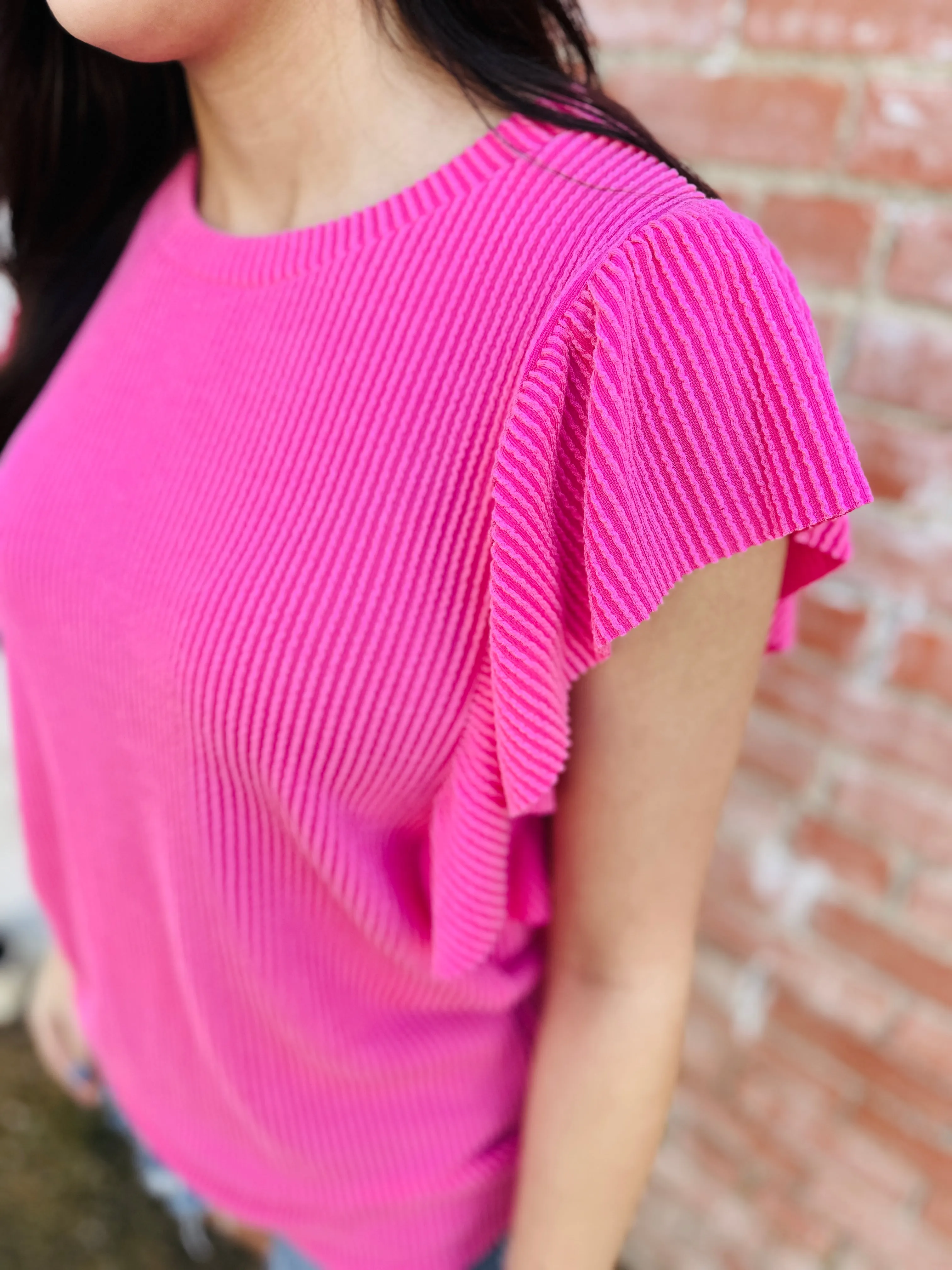 Finding My Joy Corded Ruffle Sleeve Top  Pink