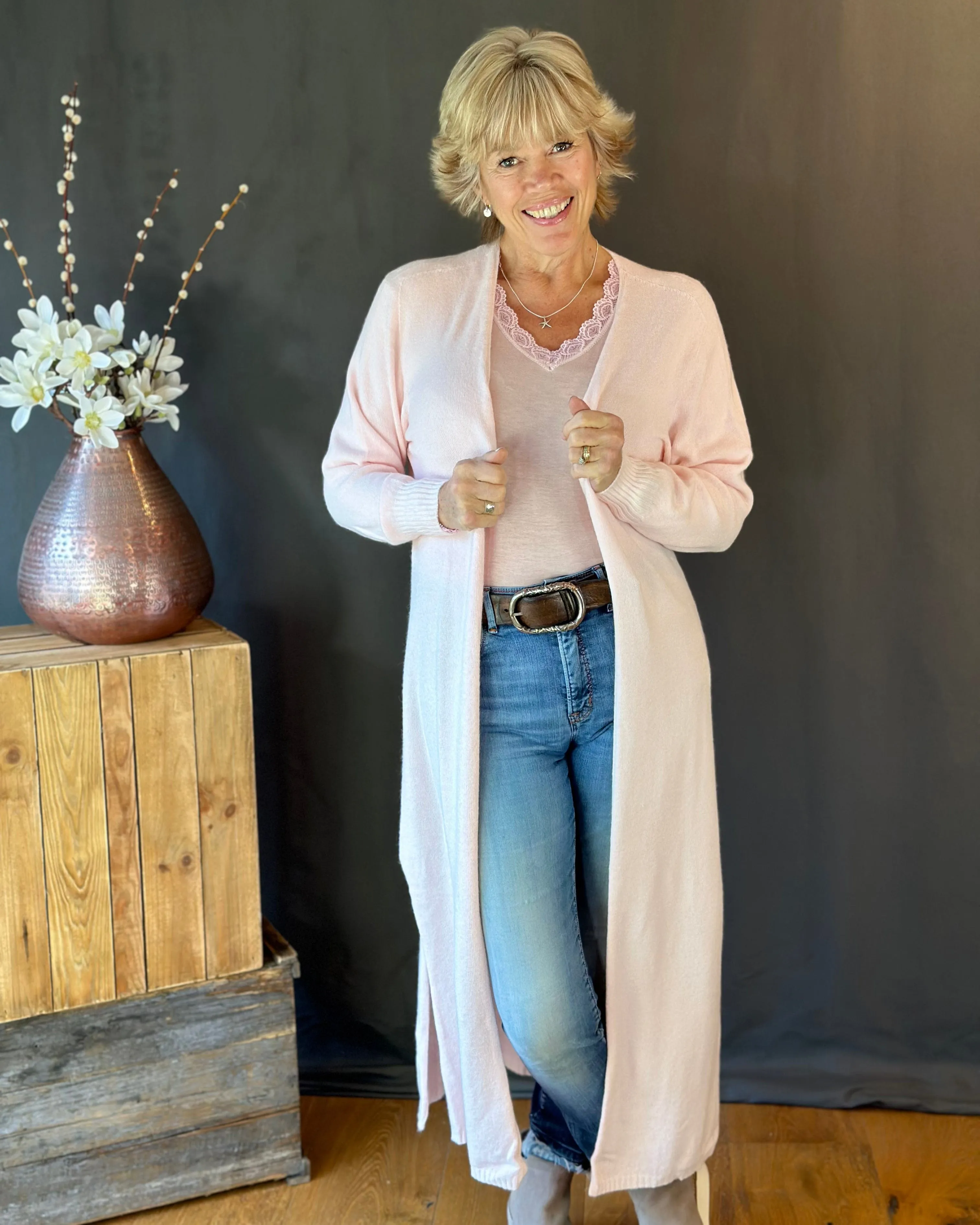 Fine Knit Long Cardigan - Pale Pink