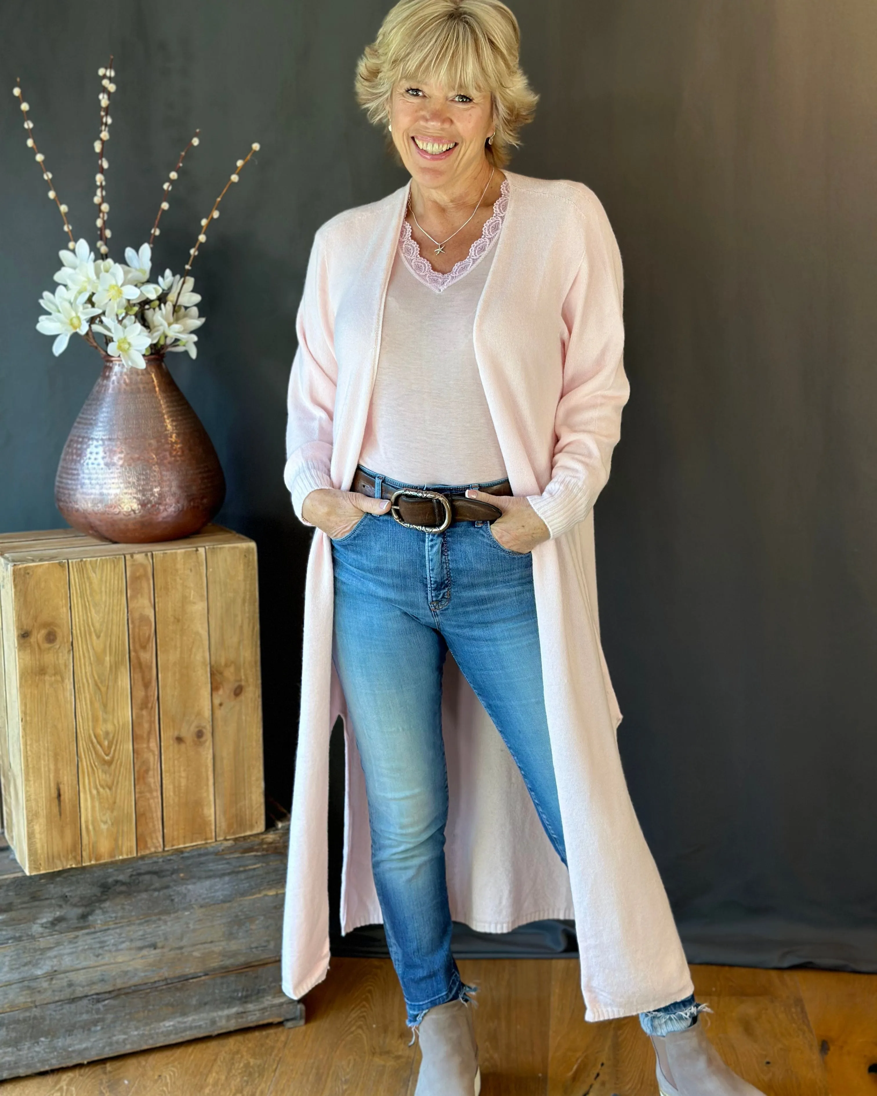 Fine Knit Long Cardigan - Pale Pink