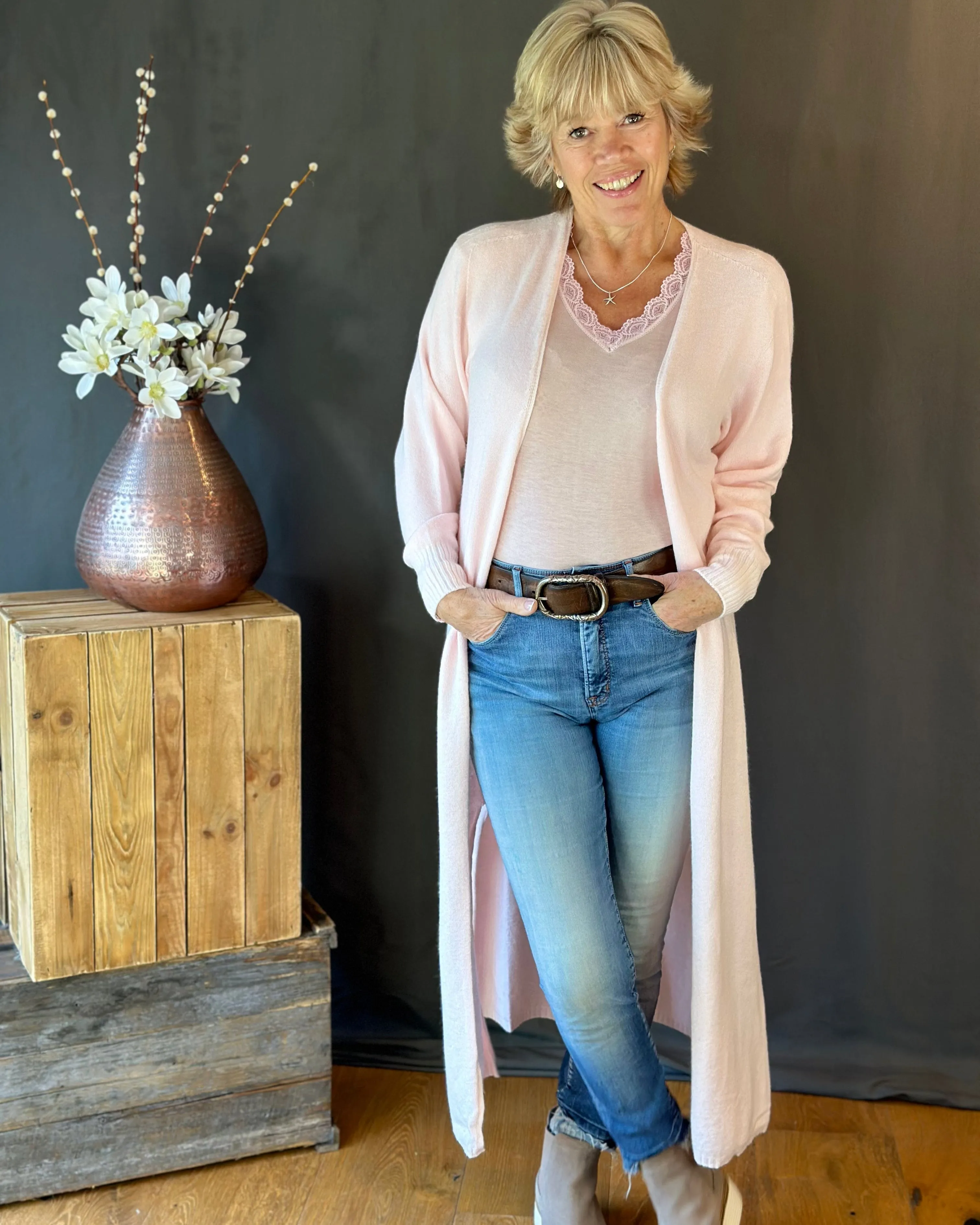 Fine Knit Long Cardigan - Pale Pink