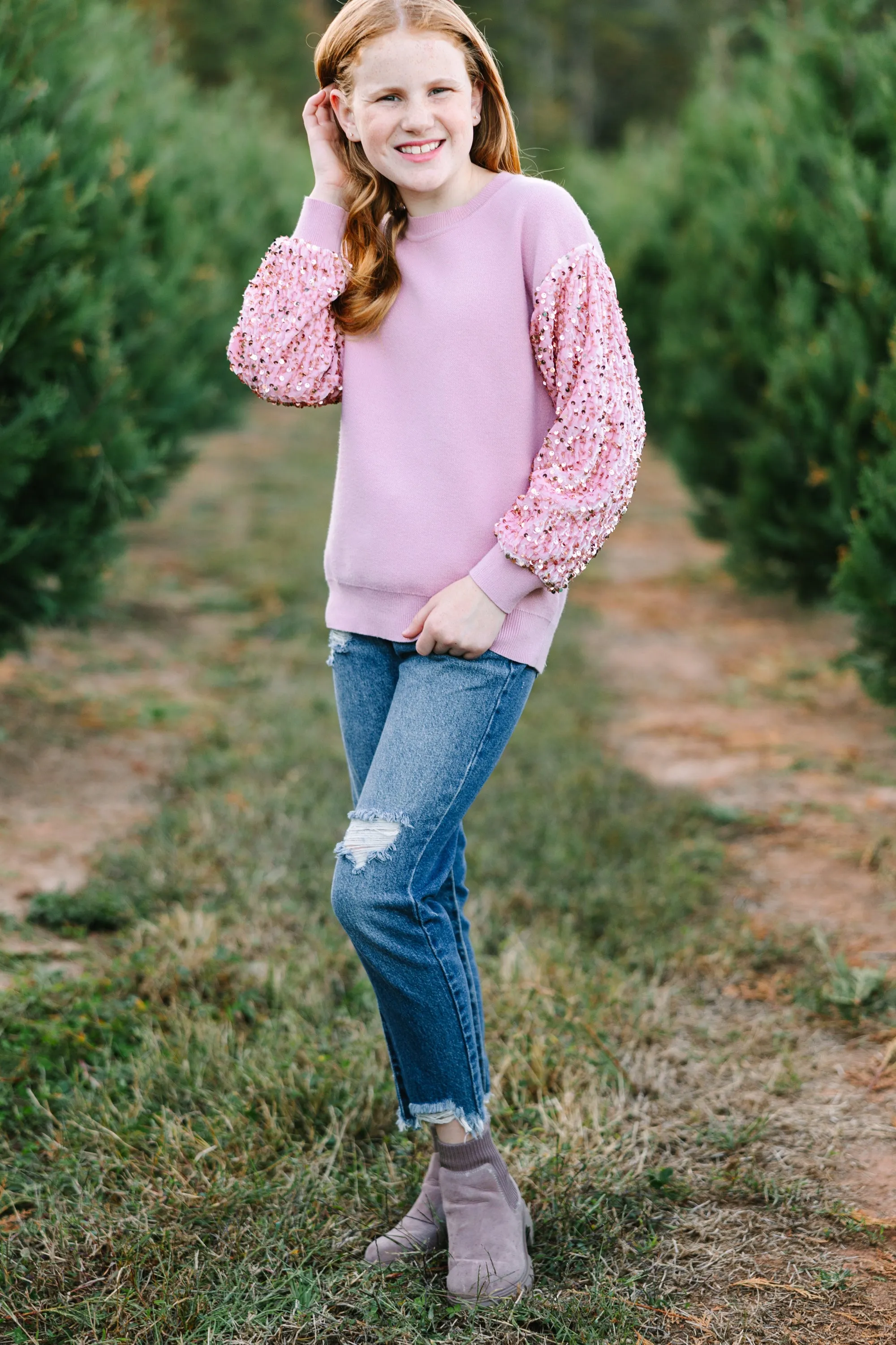 Girls: Don't Think Twice Light Pink Sequin Sweater