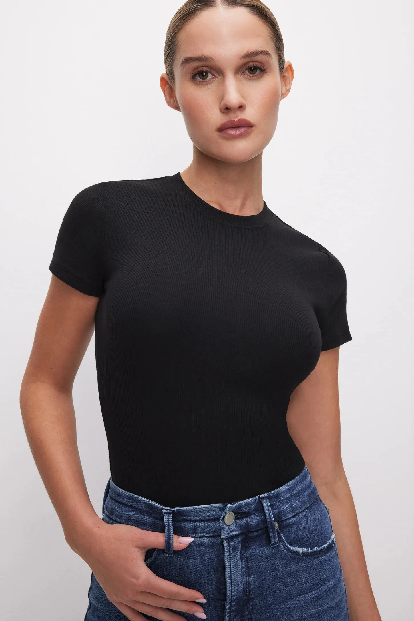 Good American MICRO RIB COTTON TEE BODYSUIT Black