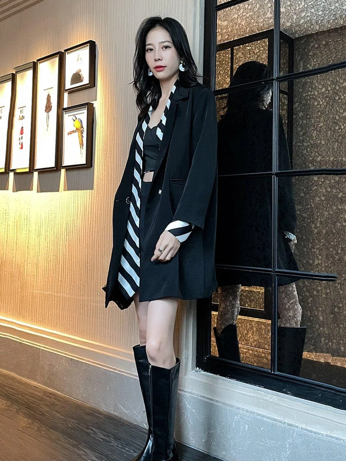 Grace Black Button Blazer Coat & Striped Scarf