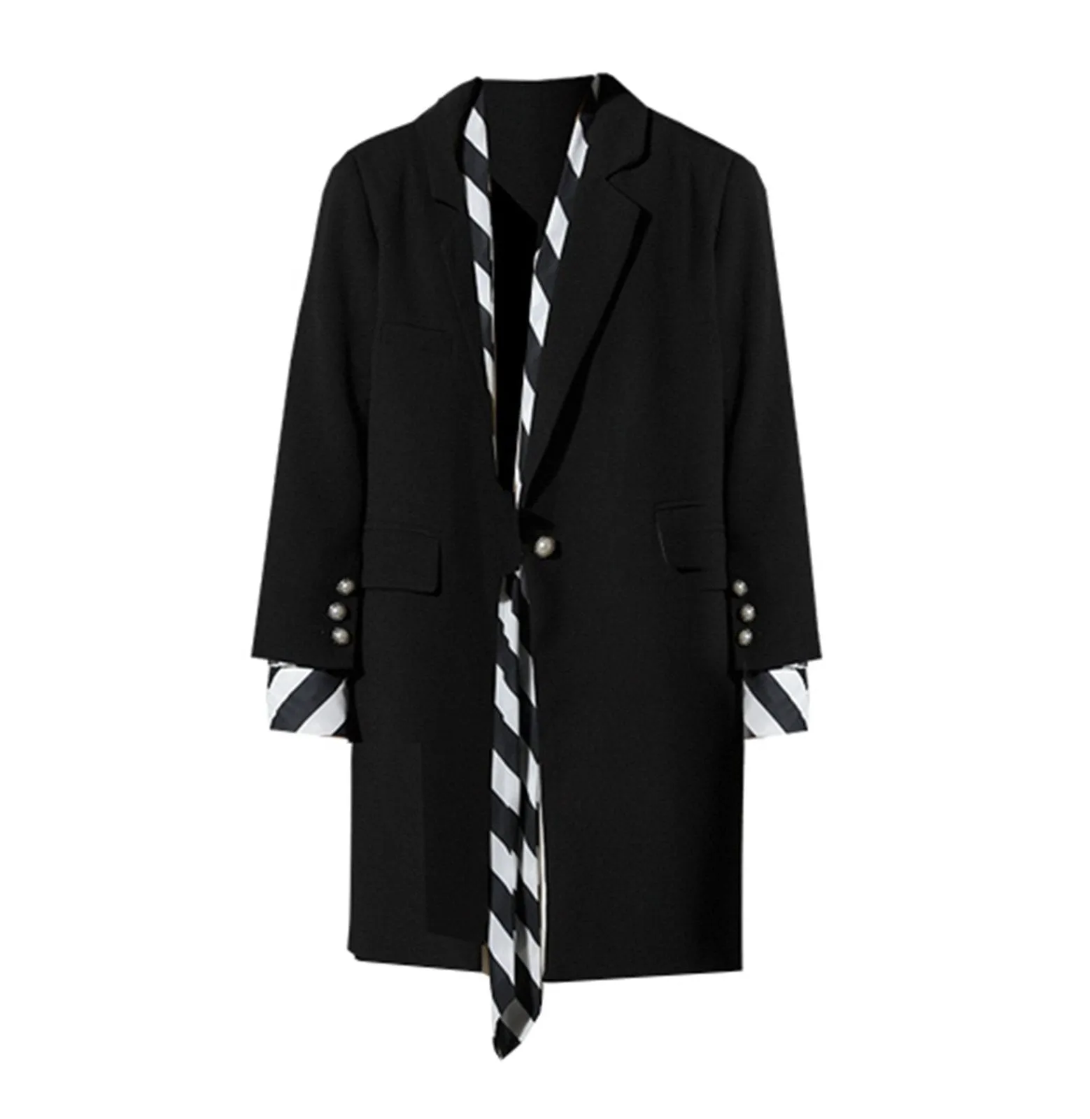 Grace Black Button Blazer Coat & Striped Scarf