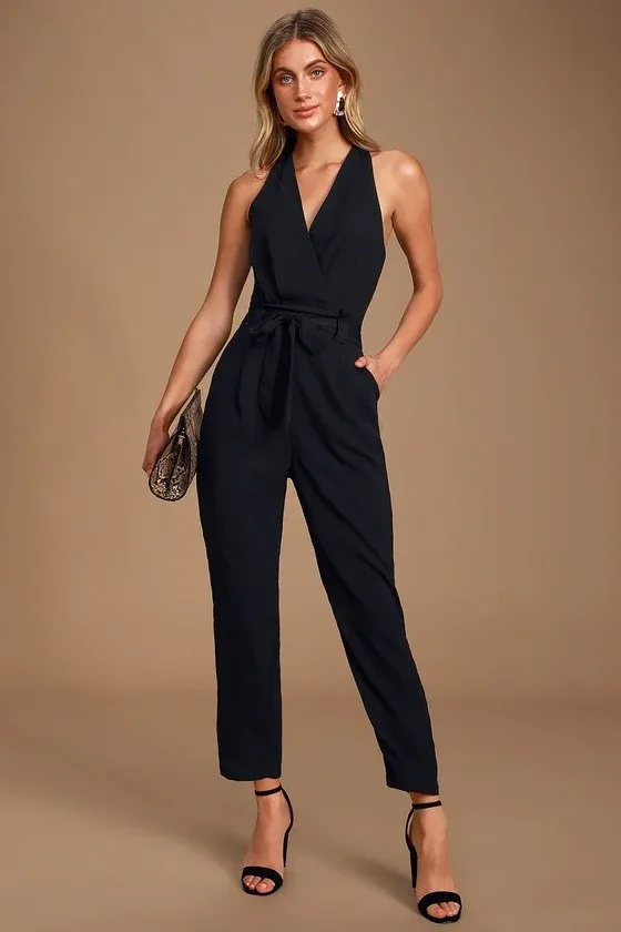 Halter Neck Belted Jumpsuit w/ Back Keyhole in Black