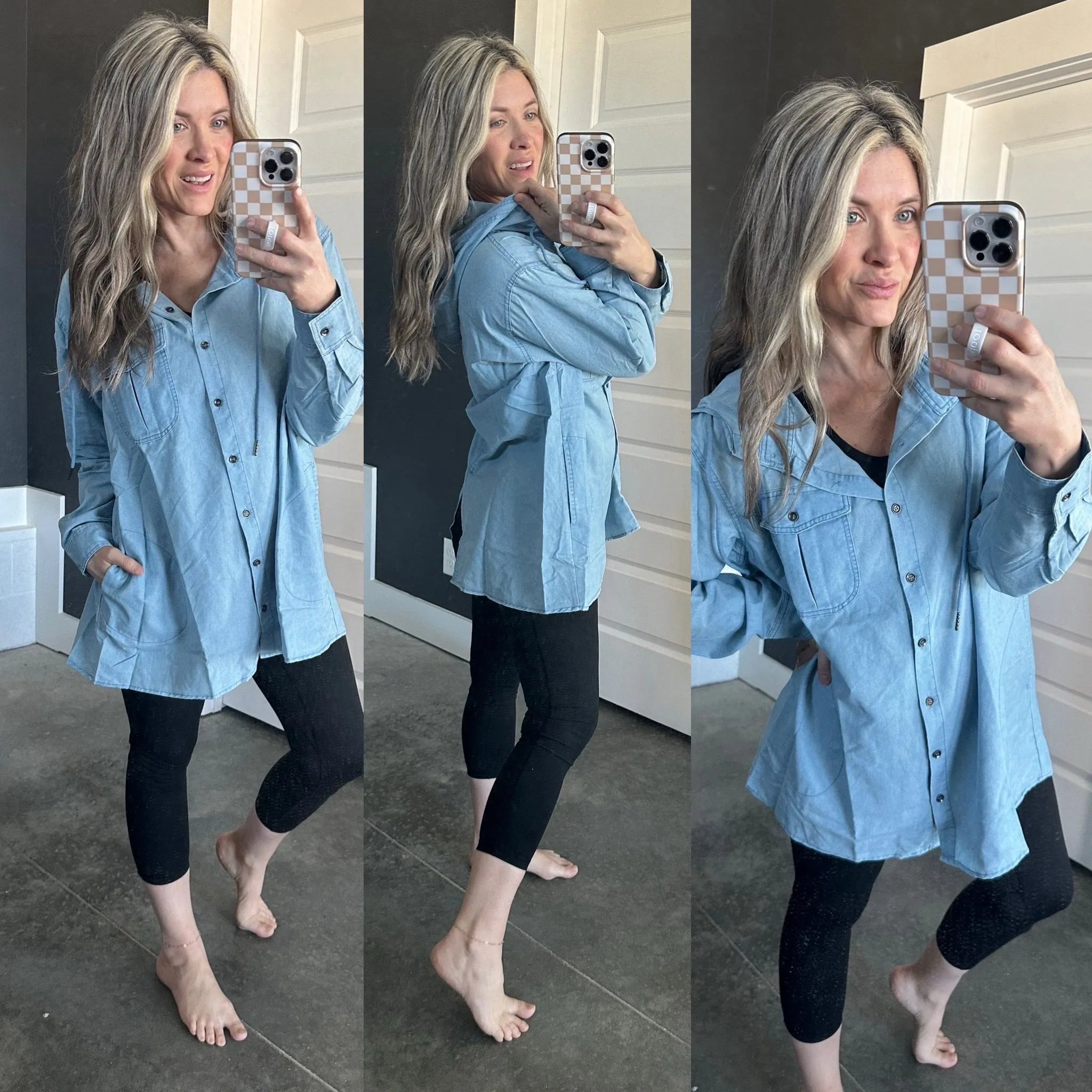 Hooded Button Front Top In Light Denim