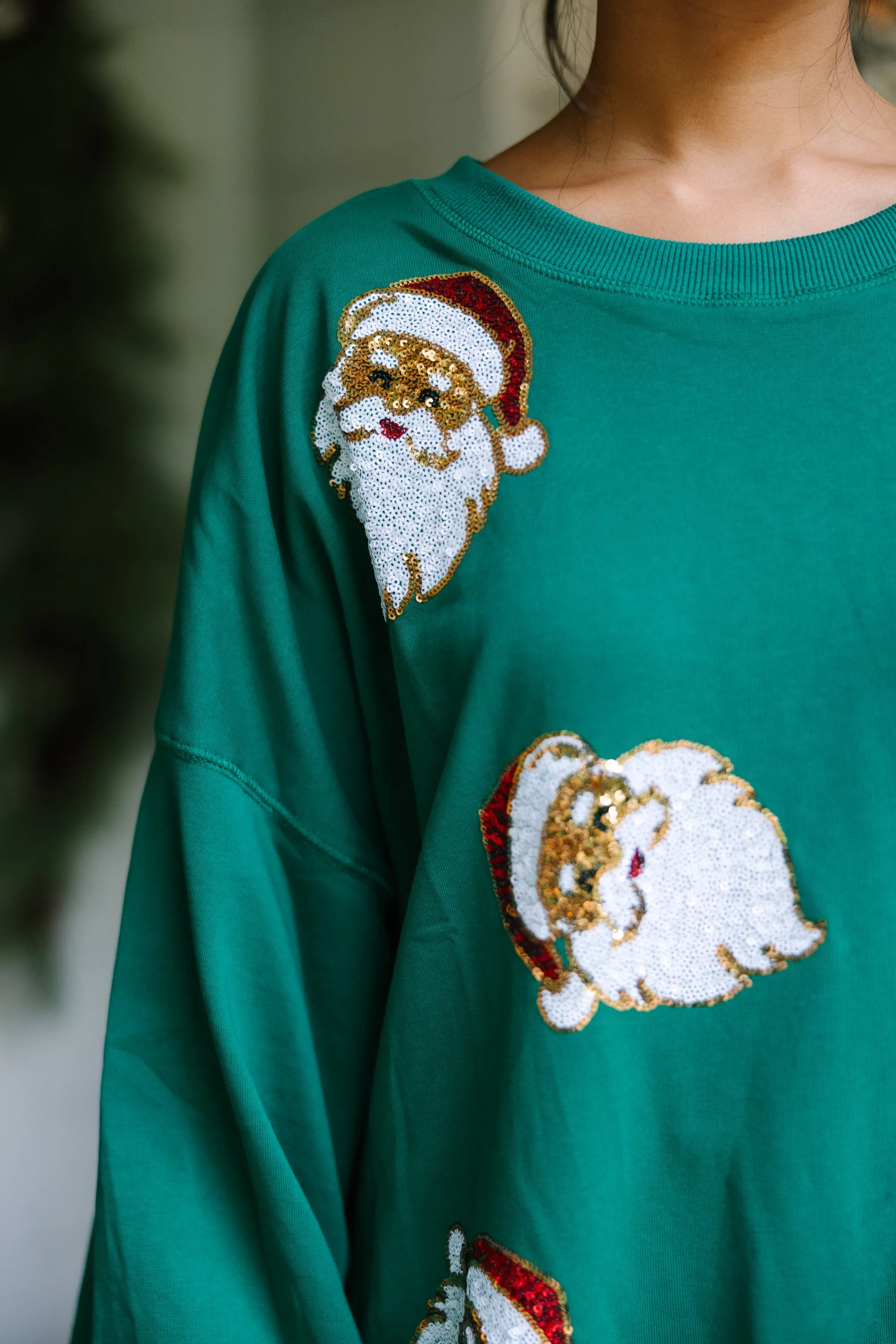 I Know Him Green Sequin Santa Pullover