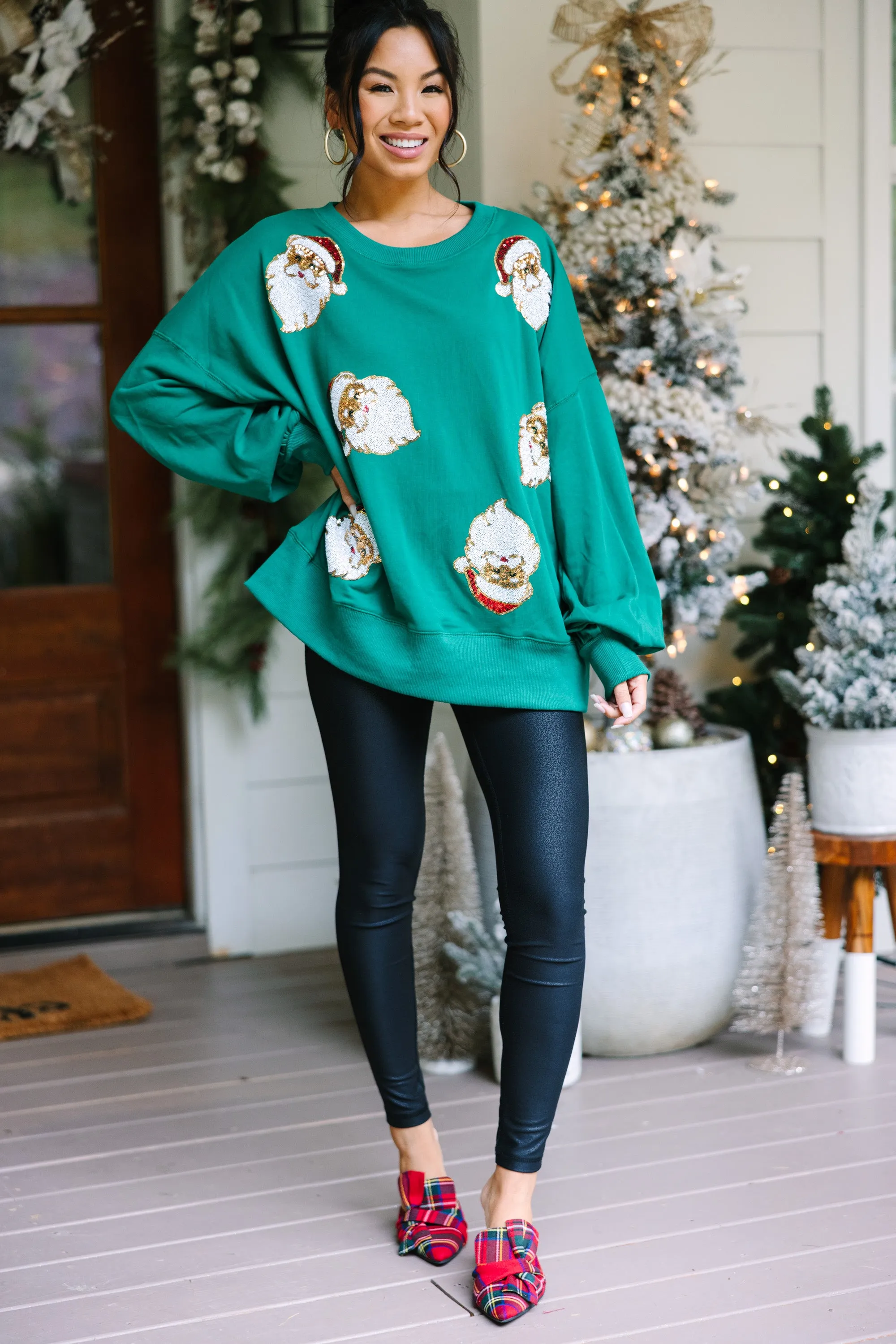 I Know Him Green Sequin Santa Pullover