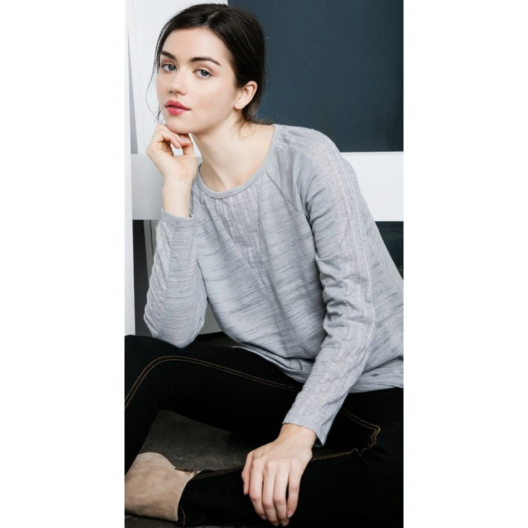 Liza Grey Long Sleeve Ebroidered Top-SALE