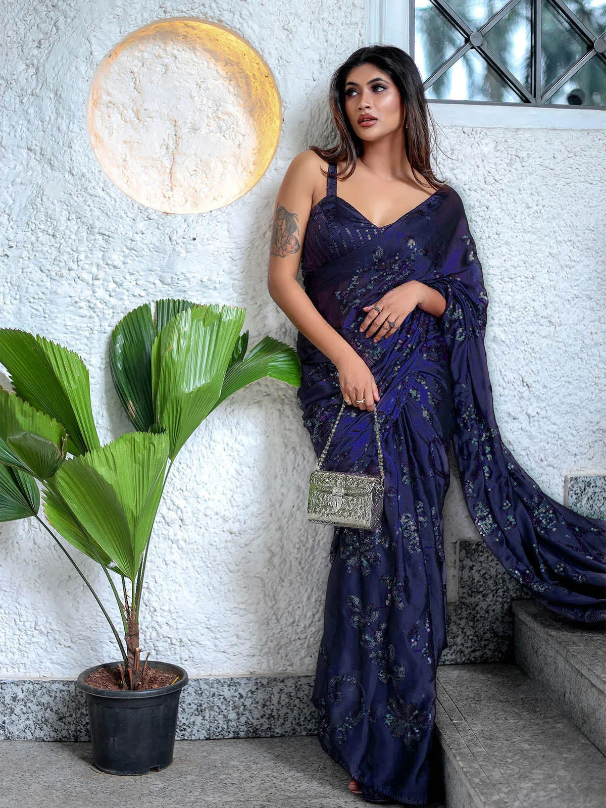 Odette Women Dark Blue Sequin Saree With Unstitched Blouse