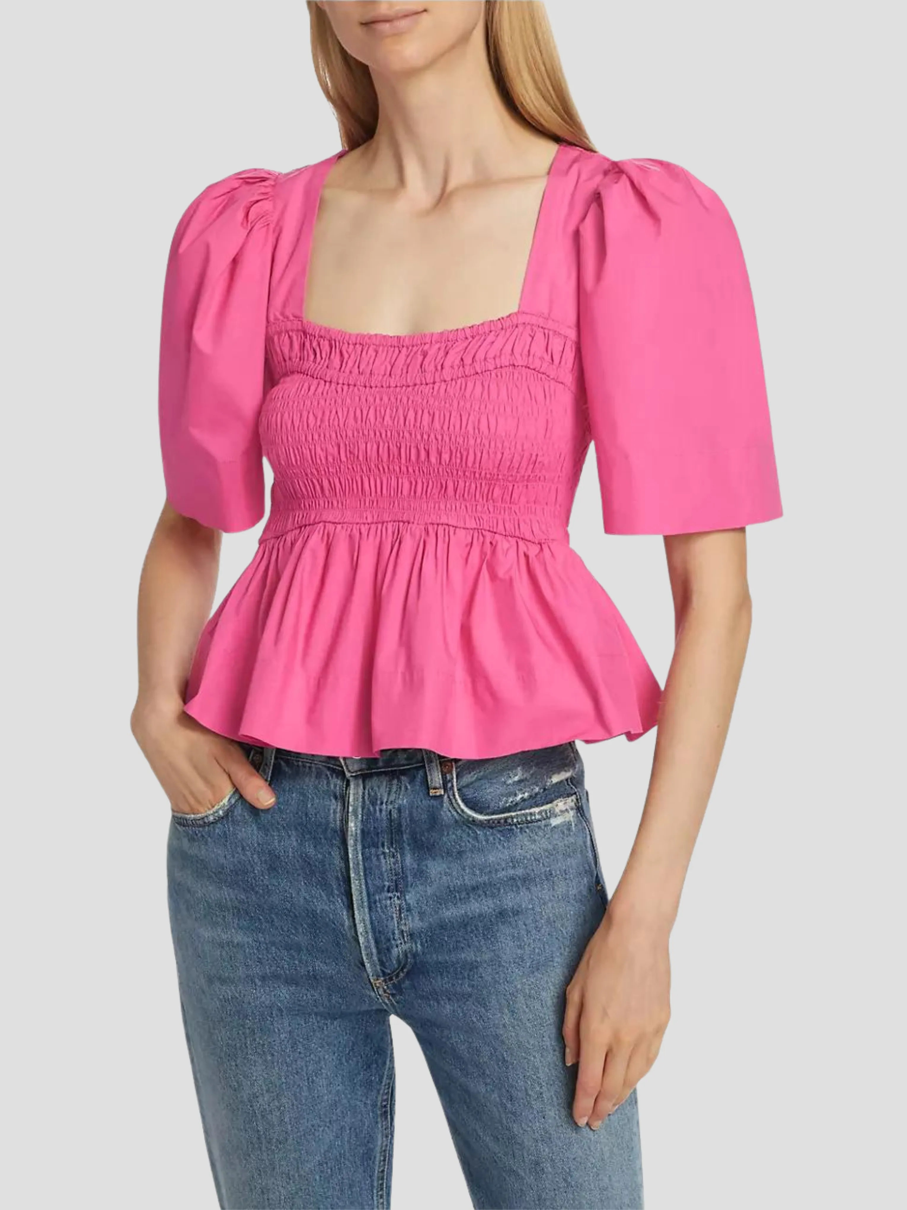 Pink Cotton Poplin Open-Neck Smock Blouse