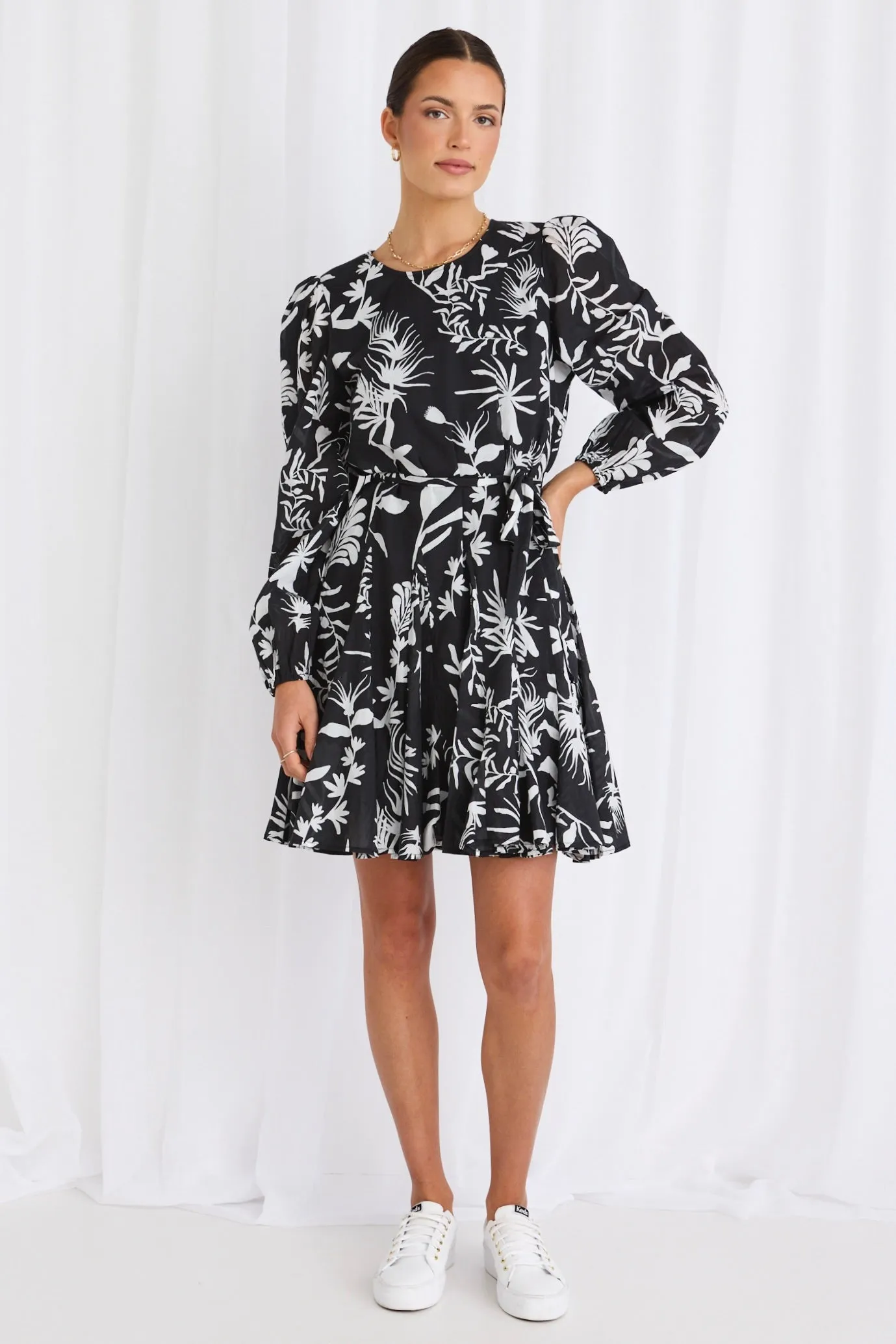 Pixie Black & White LS Flared Mini Dress