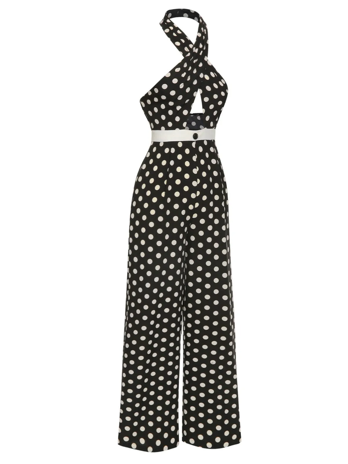 [Pre-Sale] Black 1940s Polka Dots Cross Halter Jumpsuit