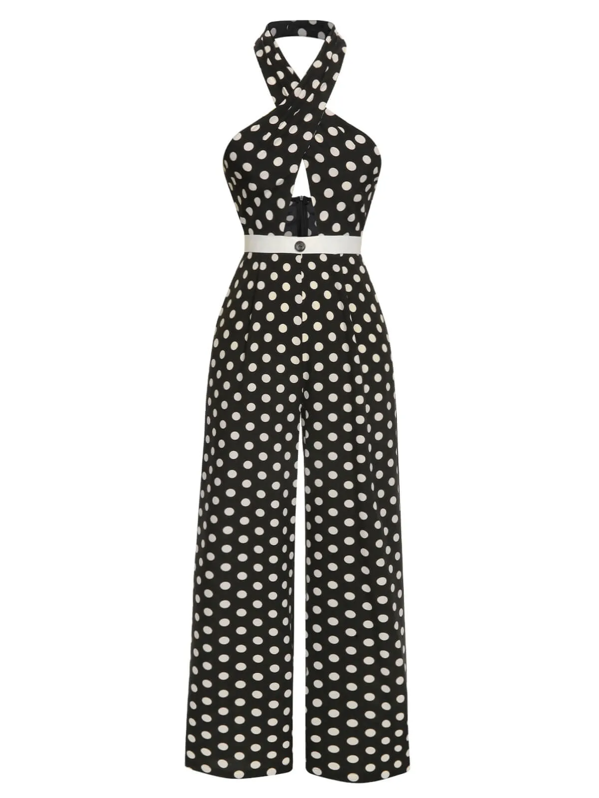 [Pre-Sale] Black 1940s Polka Dots Cross Halter Jumpsuit