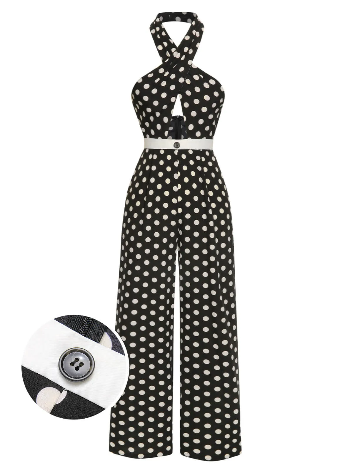 [Pre-Sale] Black 1940s Polka Dots Cross Halter Jumpsuit