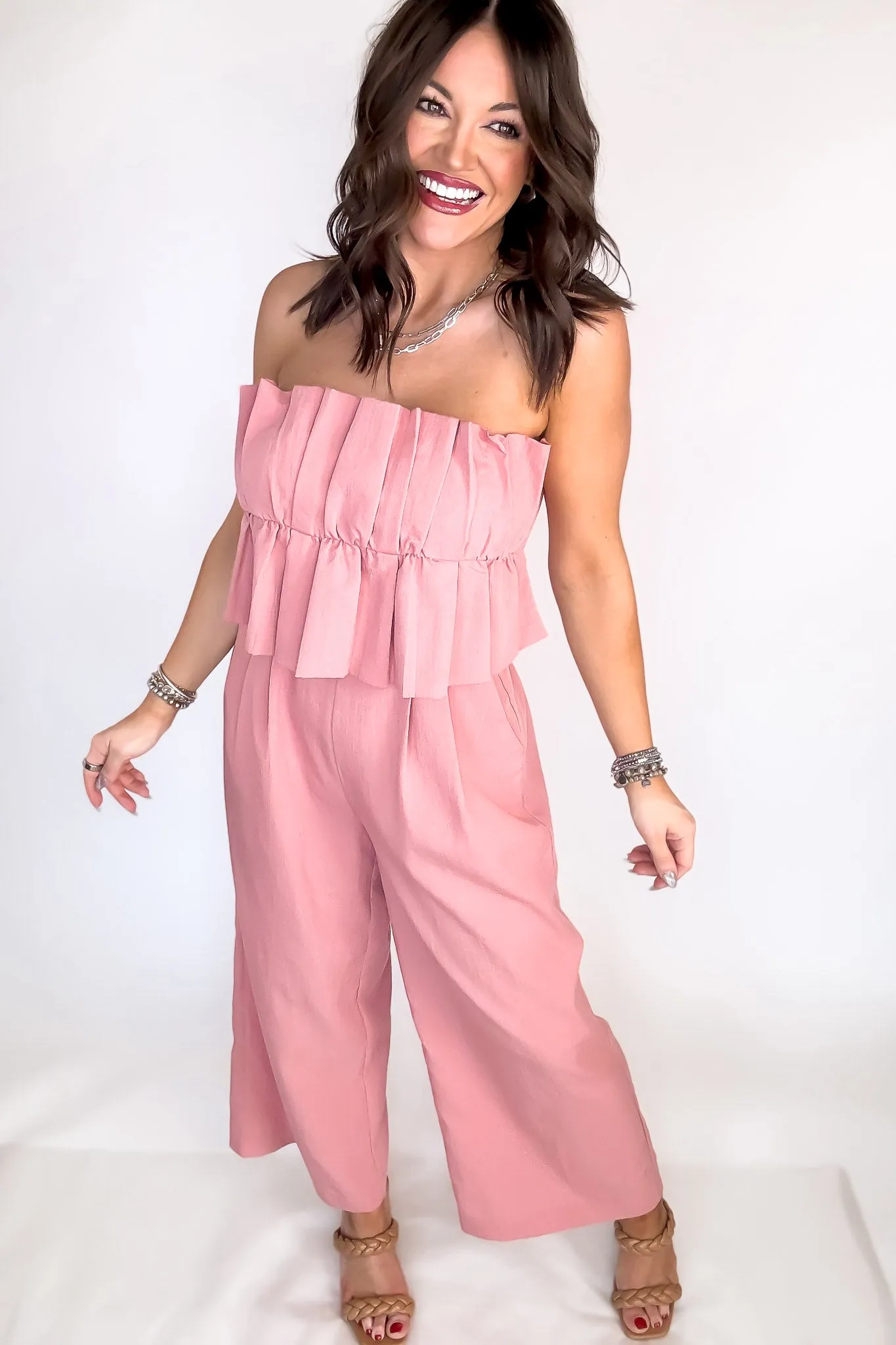 Ruffle Strapless Wide Leg Jumpsuit