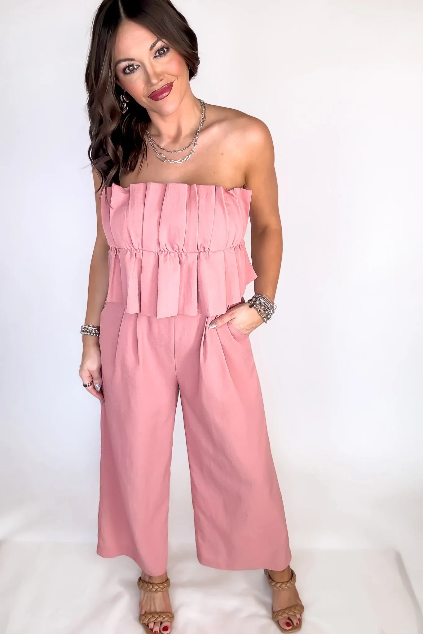 Ruffle Strapless Wide Leg Jumpsuit