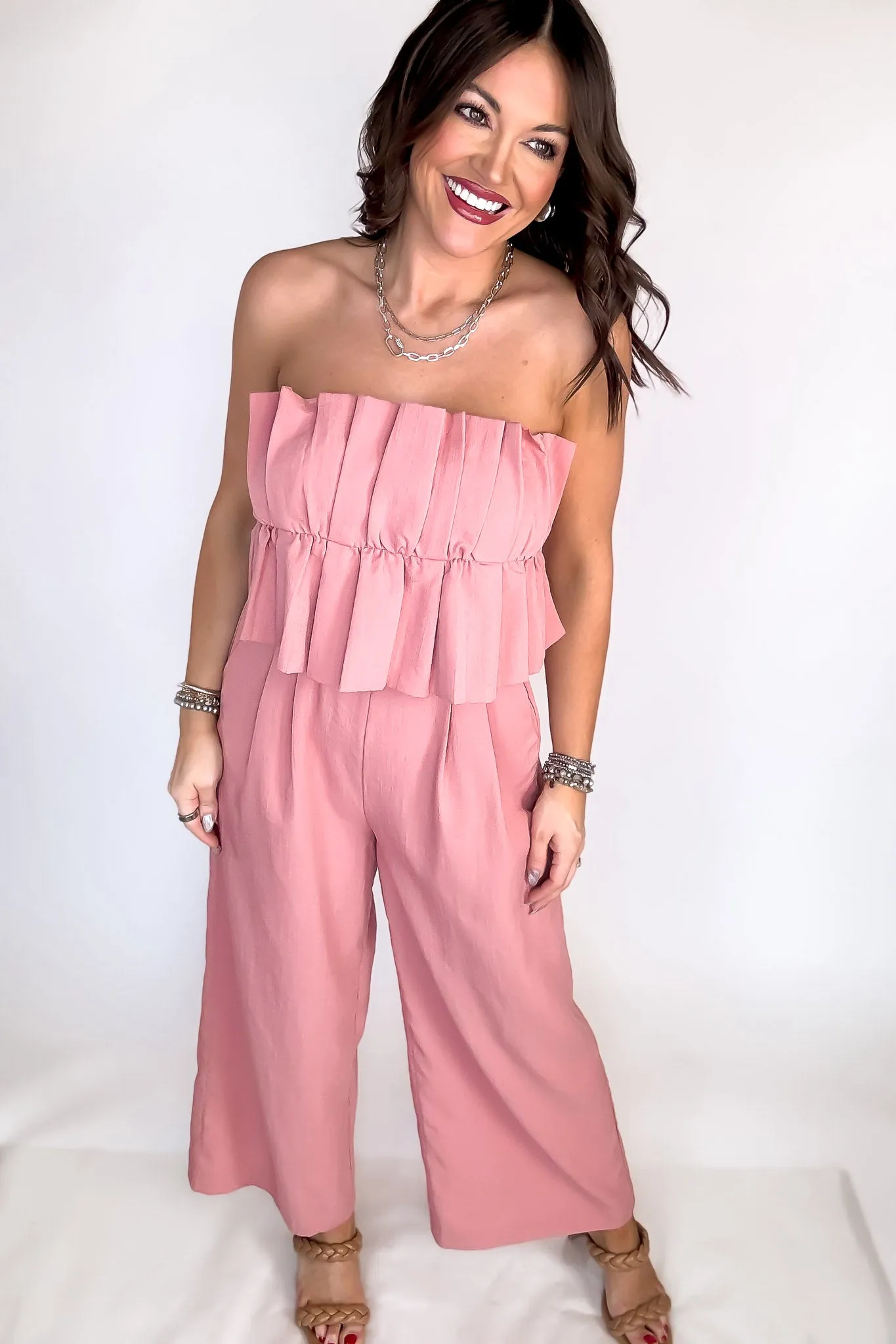 Ruffle Strapless Wide Leg Jumpsuit