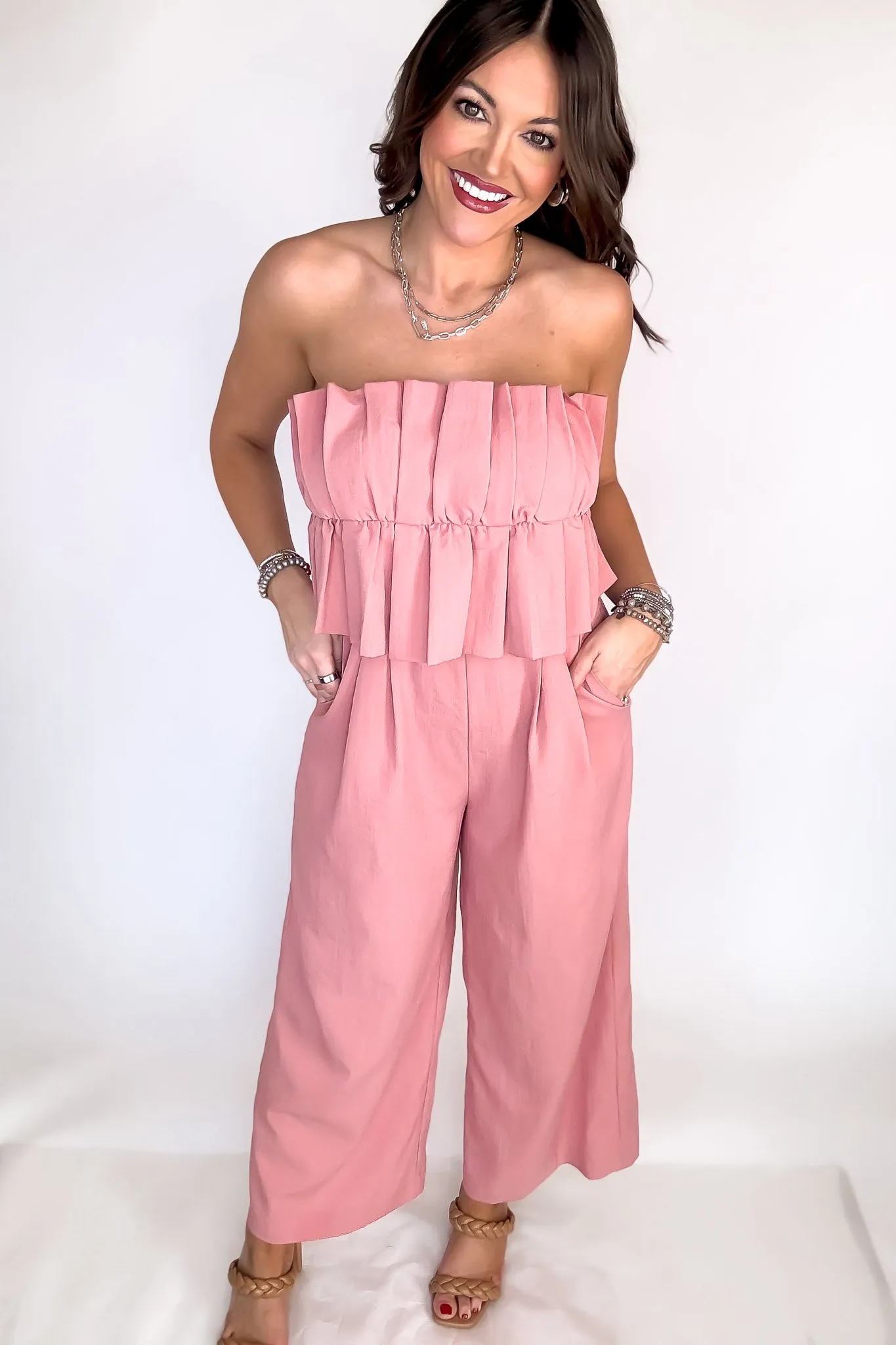 Ruffle Strapless Wide Leg Jumpsuit