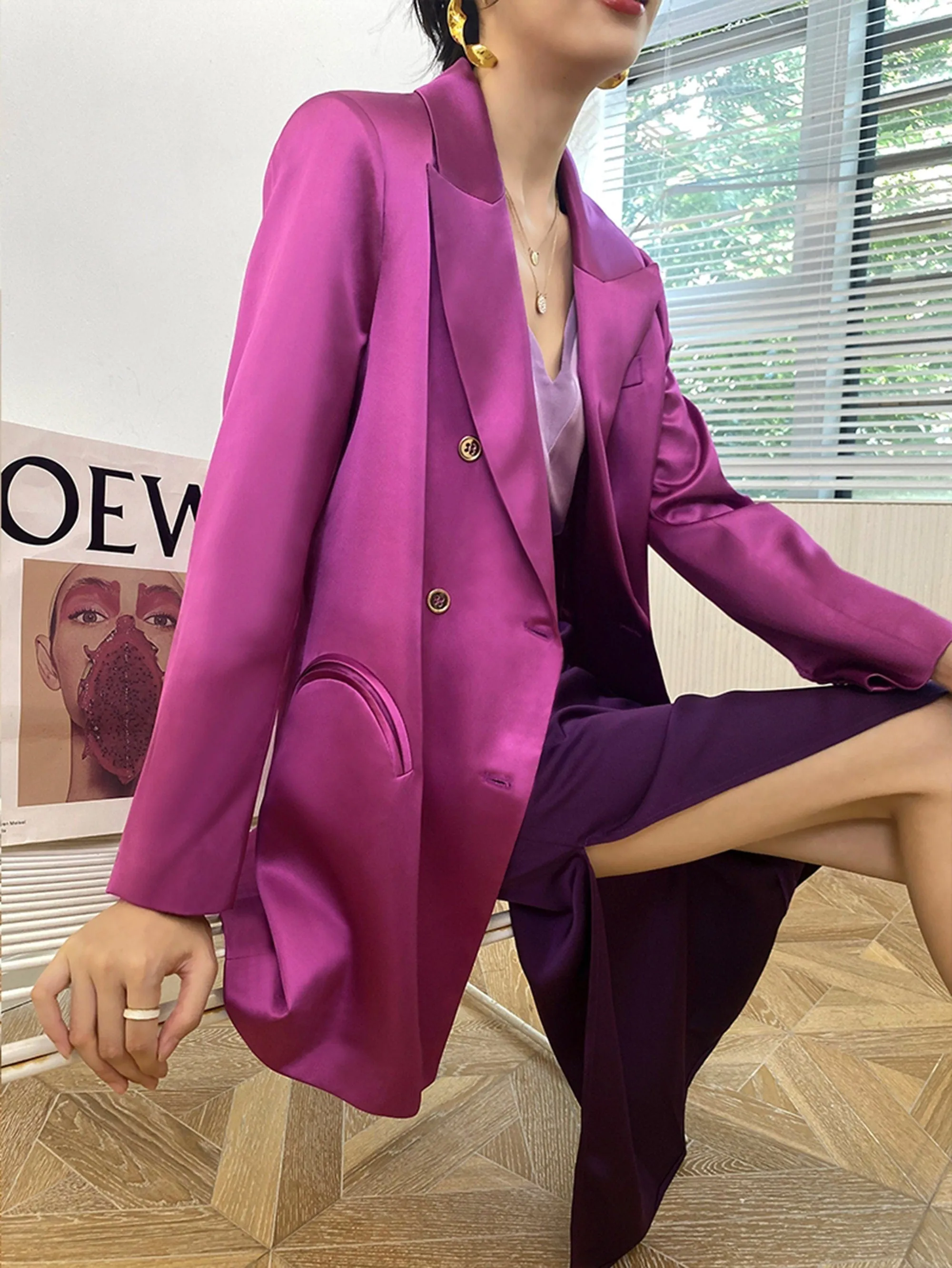 Satin Single-Breasted Thigh-Length Blazer Jacket