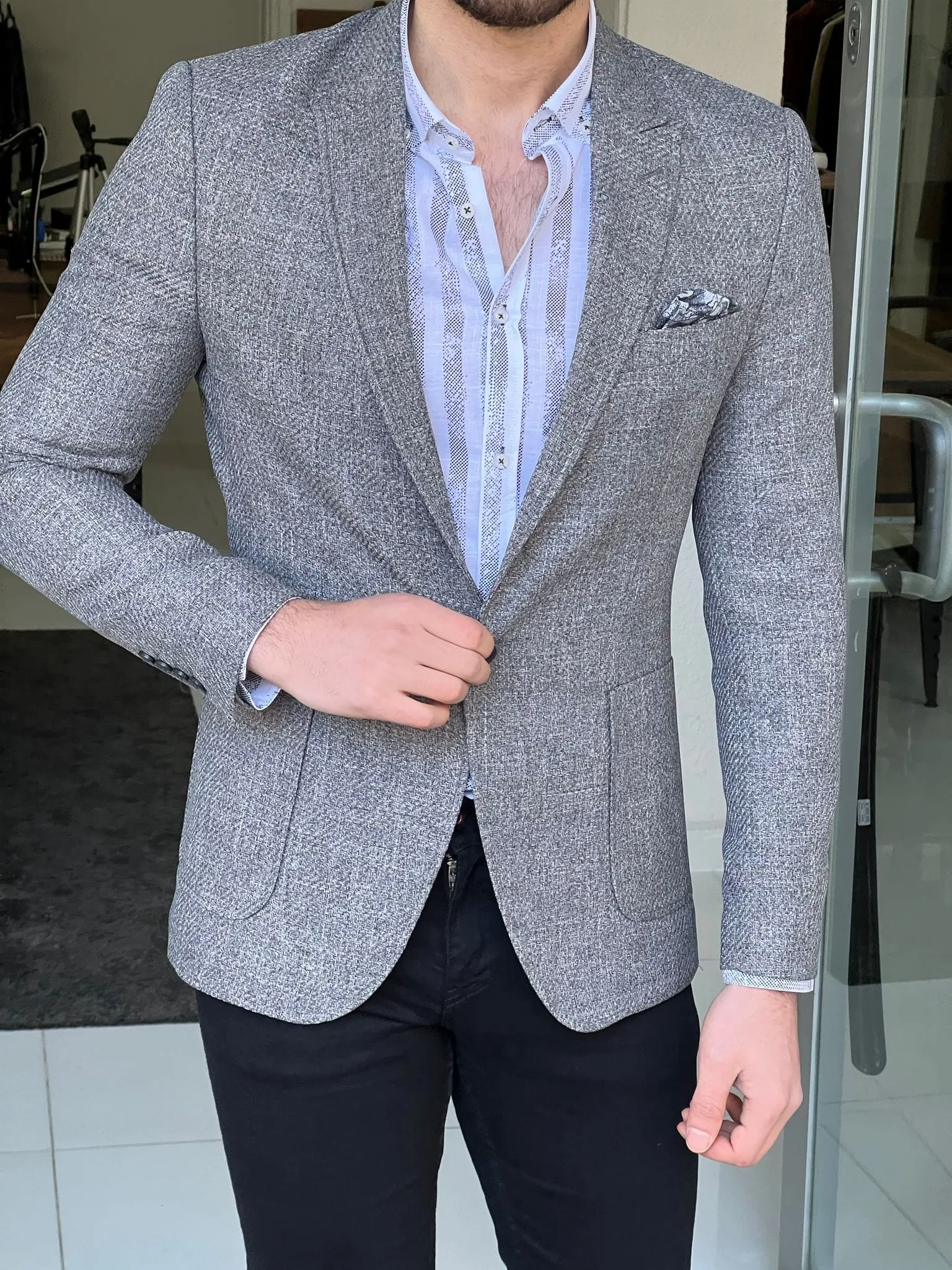 Slim Fit Self-Patterned Grey Jacket