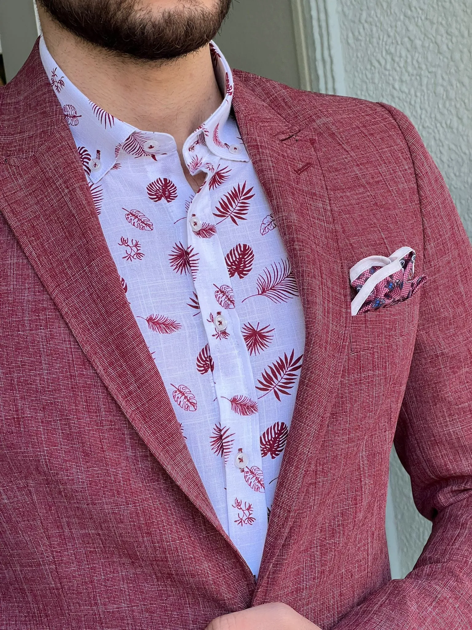 Slim Fit Self-Patterned Red Cotton Jacket