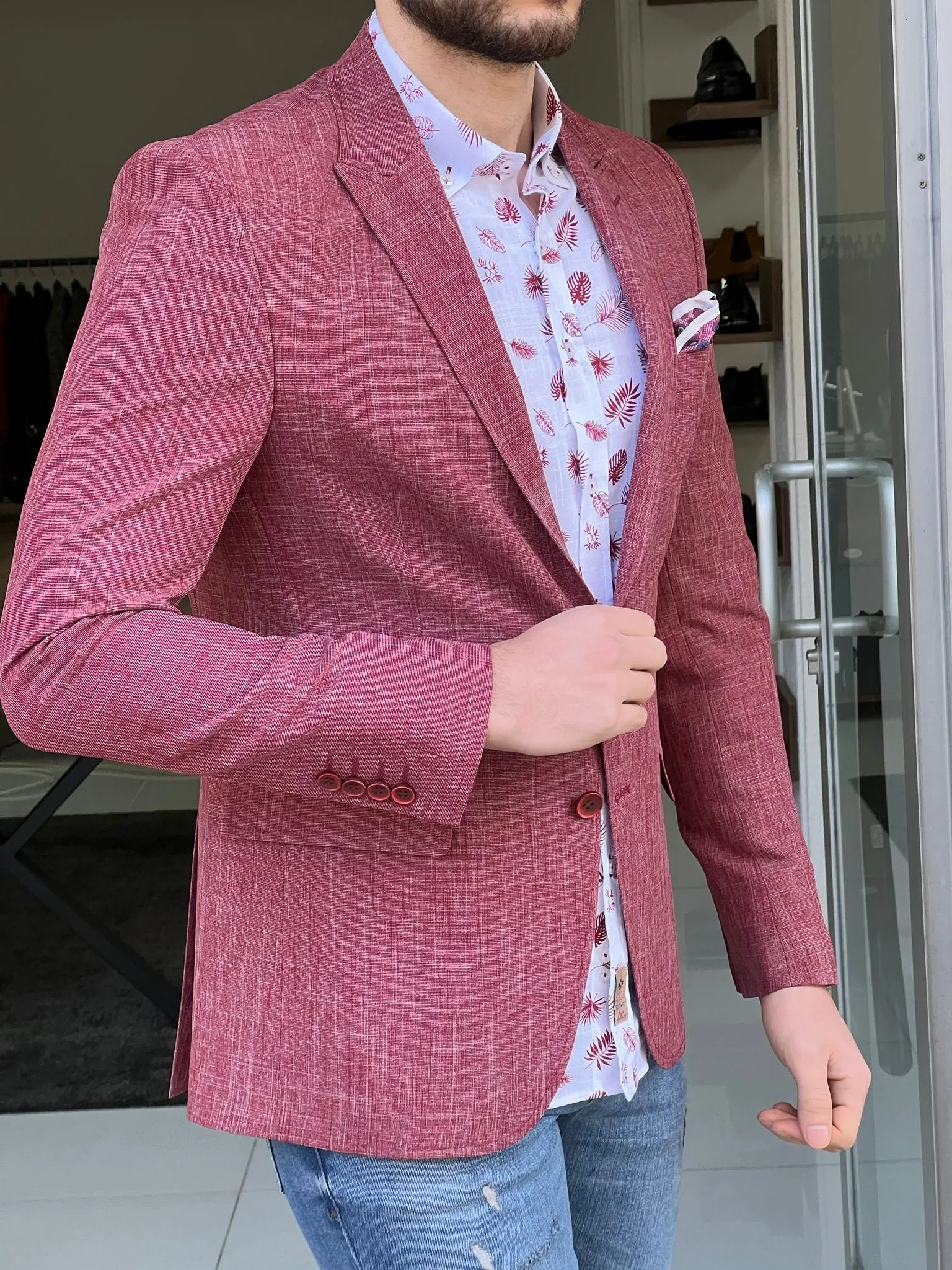 Slim Fit Self-Patterned Red Cotton Jacket