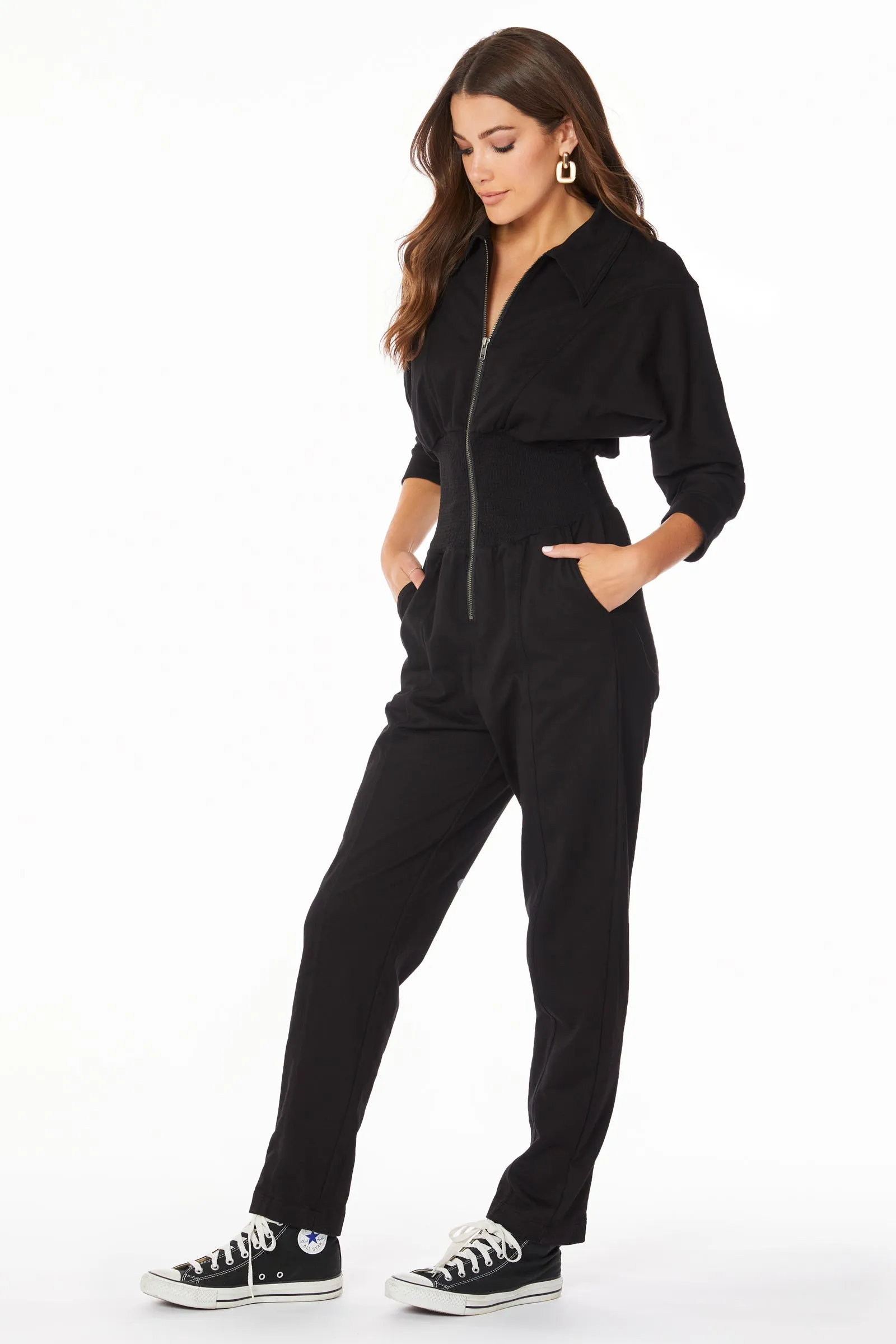 SMOCKED WAIST ZIP FRONT JUMPSUIT